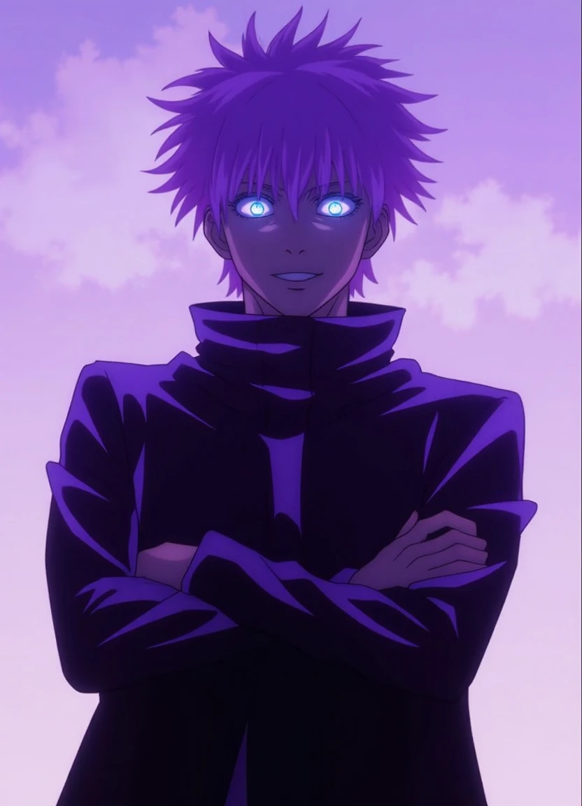 satoru_gojo standing with his arms crossed, smiling, shadows, bright blue eyes, purple aura