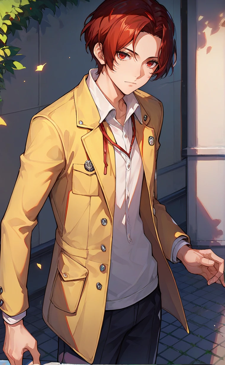 1 boy,male focus,wonder_p5x,solo,red eyes,dark red hair,short hair,eyelash,expressionless,yellow jacket,school uniform,pants,outdoor,school,,score_9,score_8_up,score_7_up,source_anime,light smile,happy,,<lora:Wonder:0.8>,<lora:Smooth Anime Style LoRA XL:0.8>