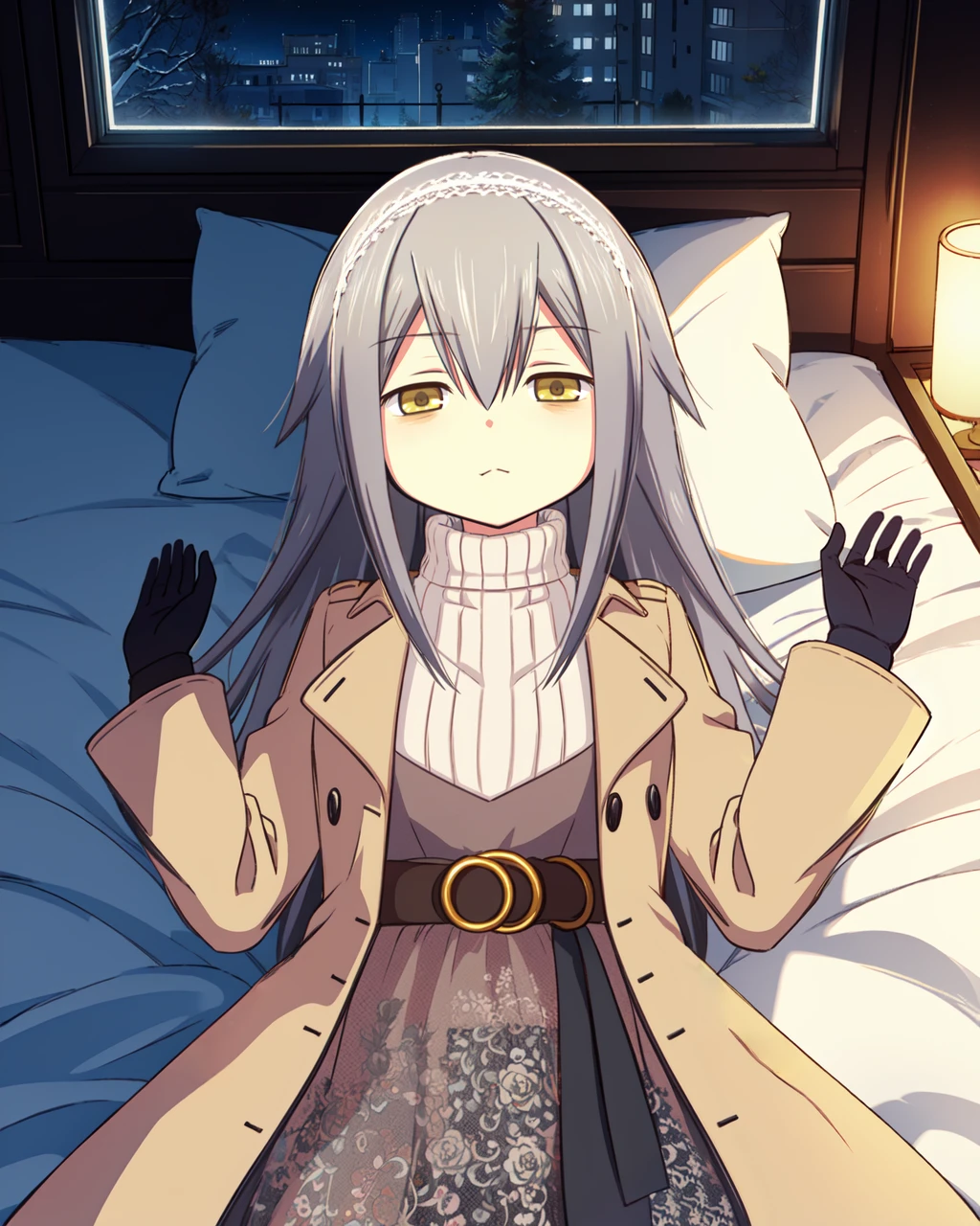 masterpiece, high quality, mgrckurehayuna, 1girl, upper body, medium shot, grey hair, bags under eyes, yellow eyes, white hairband, white sweater, orange winter overcoat, brown dress, brown belt with golden buckle, see-through skirt, black tights, brown gloves, (lying), indoors, bed, bedroom, sleepy, half closed eyes, night, wintow, winter, <lora:mgrckurehayuna:0.9>