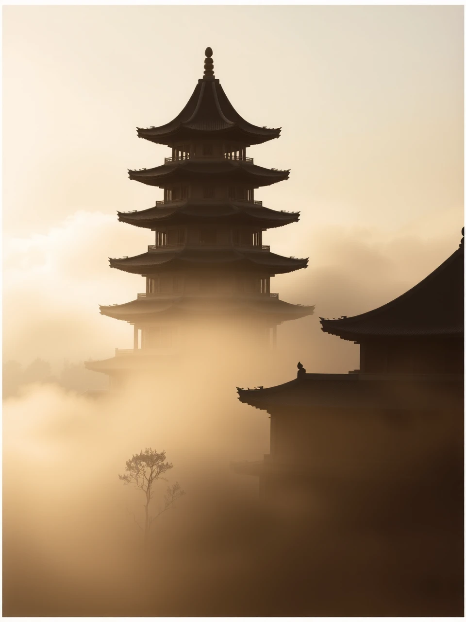 Buddhist Temple at Mount Wutai: A serene illustration of the ancient Foguang Temple on Mount Wutai,bathed in the ethereal glow of the morning light and enveloped by the soft embrace of mist.,
The image captures the Foguang Temple,a historic jewel of Buddhist architecture,nestled in the sacred landscape of Mount Wutai. The temple's ancient structure emerges from the morning mist,its silhouette etched against the soft,diffused light of dawn.,
The scene is dominated by the temple's iconic pagoda,with its tiered roof and ornate details,standing tall amidst the enveloping mist. The mist adds a layer of mystery and tranquility,highlighting the temple's spiritual essence and connection to the natural world.,
This portrayal captures the timeless beauty and spiritual significance of Foguang Temple,set against the backdrop of Mount Wutai's misty morning. The image evokes a sense of reverence and peace,reflecting the temple's role as a sanctuary for contemplation and spiritual practice in the heart of China's sacred Buddhist mountain.,