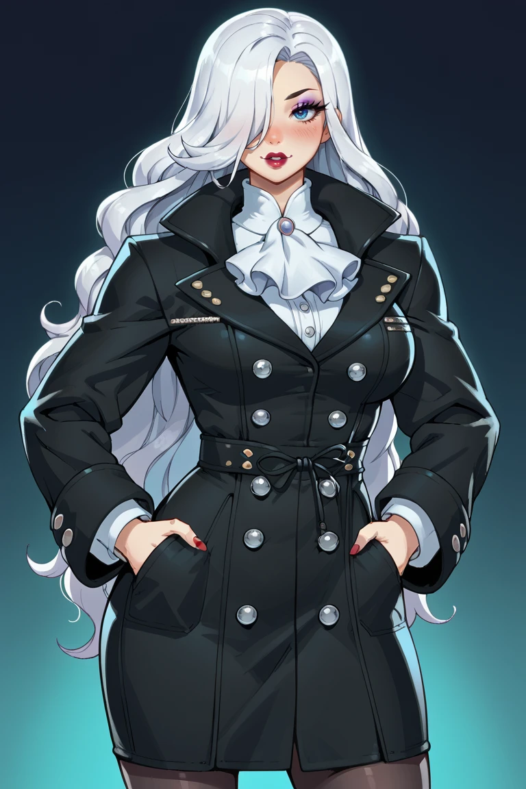 score_9, score_8_up, score_7_up BREAK ,smile,huge breasts,cowboy shot,very long hair,(puffy lips,lipstick,parted lips,blush,makeup)
wearing edgBlackVelvet, looking at viewer, slong sleeves,  closed mouth, standing,  hair over one eye, coat,  black coat, hands in pockets 
<lora:edgBlackVelvetPony:0.9>