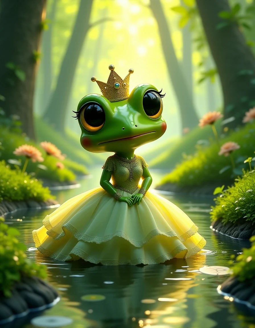 Text words that says "Frog Princess" in playful font encircling a cute lady frog wearing an elegant gown in a regal pose, showcasing delicate dress details and a sparkling crown atop her head. A lush green foliage backdrop with gentle streams glistening in a sunlit ambiance, creating a whimsical setting. A wide-angle digital illustration with cinematic flair, filled with soft vibrant colors that enhance the dreamy atmosphere