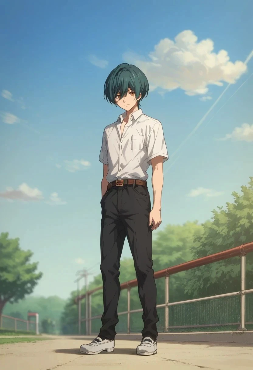 score_9, score_8_up, score_7_up, source_anime, highly detailed, 

ikuya, 1boy, solo, male focus, school uniform, full body, shirt, white shirt, collared shirt, belt, shoes, standing, pants, aqua hair, brown eyes, looking at viewer,

outdoor, sky, cloud, trees