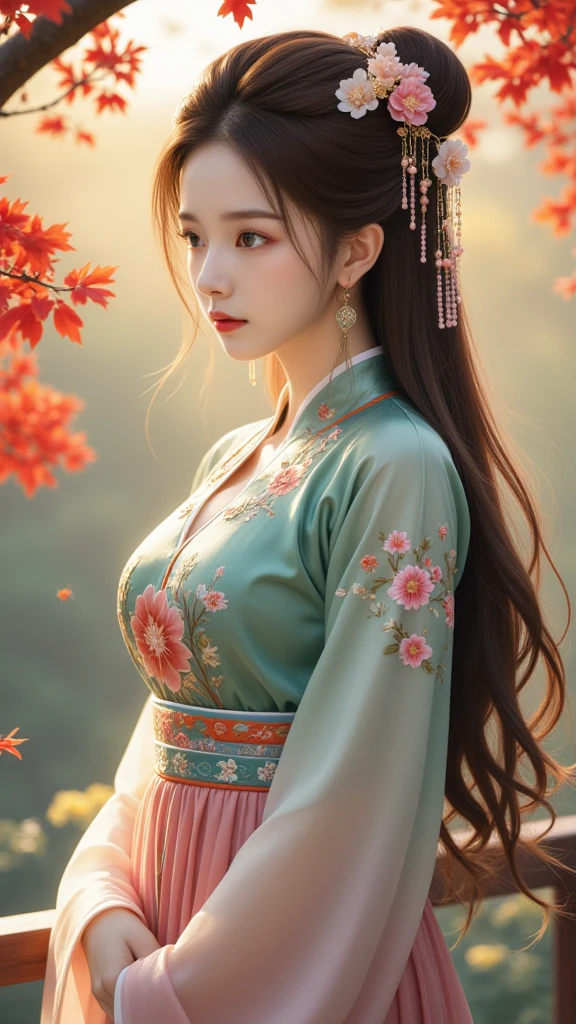 1qqq,realistic,best quality,masterpiece,side face,highres,(exquisite body:1.5),gorgeous face,(milky skin:1.3),intricate details,high resolution,wallpaper,1girl,solo,dress,hair ornament,(((green and pink dress))),flowers,long hair,brown hair,closed mouth,jewelry,long sleeves,wide sleeves,big eyes,floating hair,chinese clothes,hanfu,embroidery,long skirt,natural pose,outdoor,tree,lantern,16K,HDR,highres,depth field,(film grain:1.1),boken,golden hour,(lens flare),vignette,rainbowing,(color grading:1.5),(large breasts:1.2),upper body,