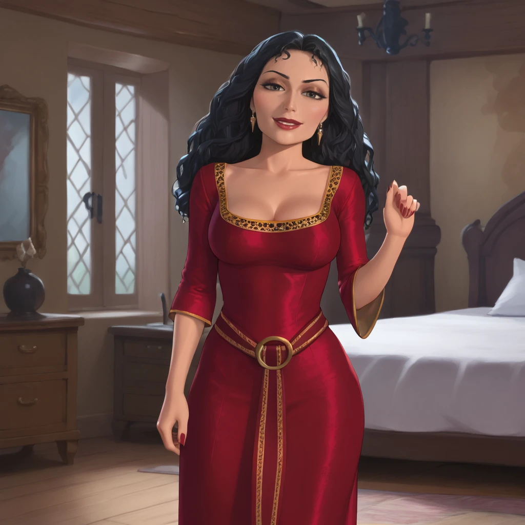 <lora:mothergothel_pony_v1:.8>mothergothel, 1girl, jewelry, earrings, red dress, makeup, long hair, black hair, lipstick, red lipstick, long sleeves, large breasts, fingernails, dark skin, cowboy shot