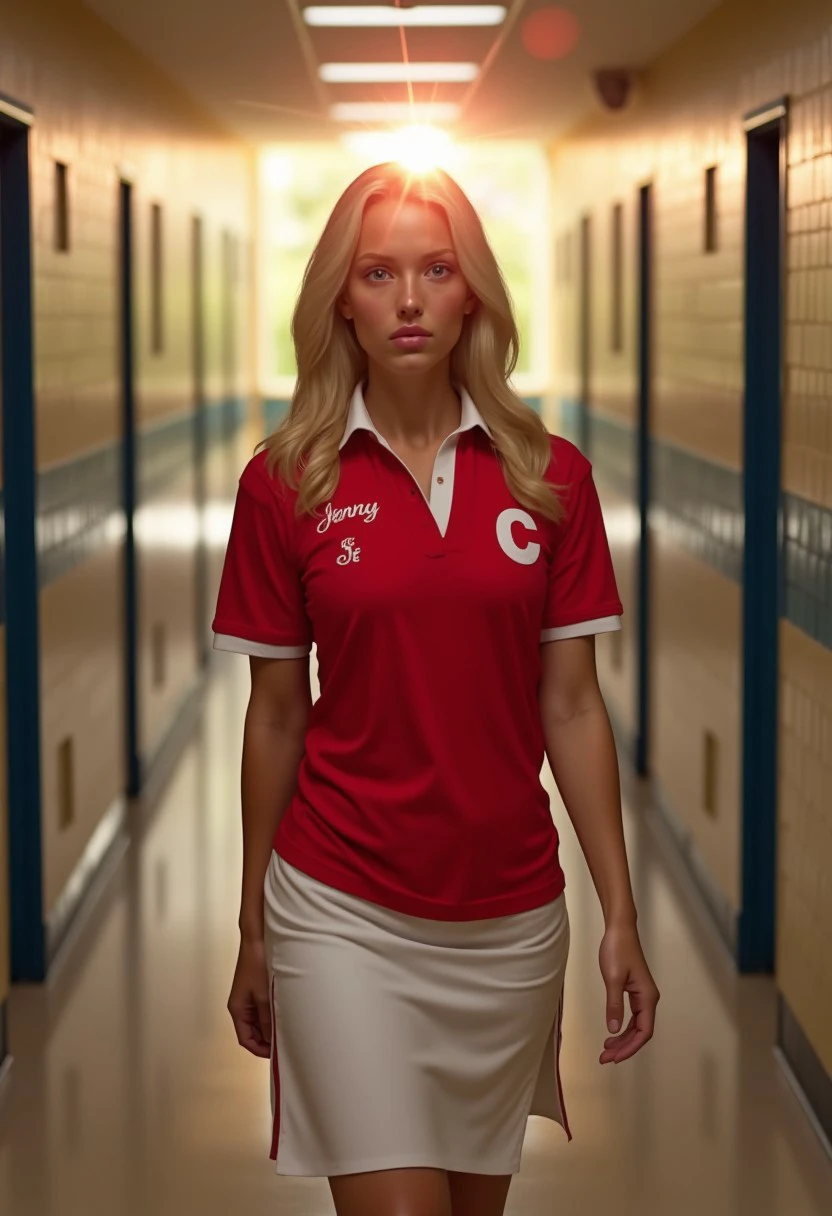 a photograph of jenny_cox standing in a hallway of a school, wearing jenny_cheeruniform, she wears a red polo shirt with a white trim, a "C" is stenciled on one side of the shirt, while her name "Jenny" is written on the other in cursive. she wears a white skirt with a side slit down the side. there is lens flare and volumetric lighting shining in through the hallway windows, she is alone with a worried expression on her face, as she walks forward