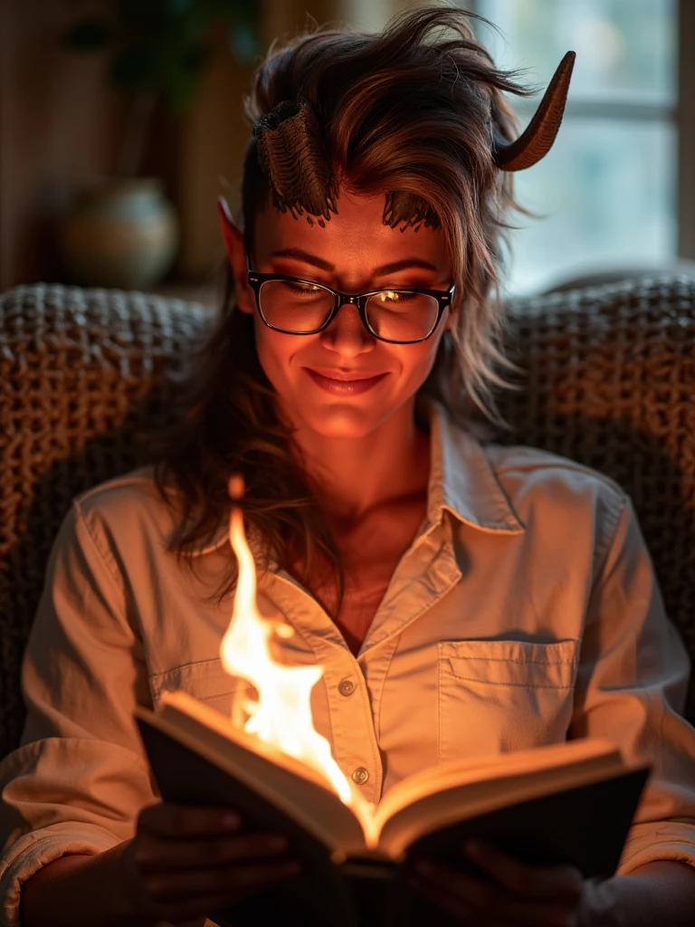 woman happy grin portrait. wearing a loose white shirt. Wearing glasses. relaxing on a sofa reading a book. the book is on fire., best quality, 4k, 8k, high resolution, cinematic, vibrant, intricate, Hyperrealistic, high detail