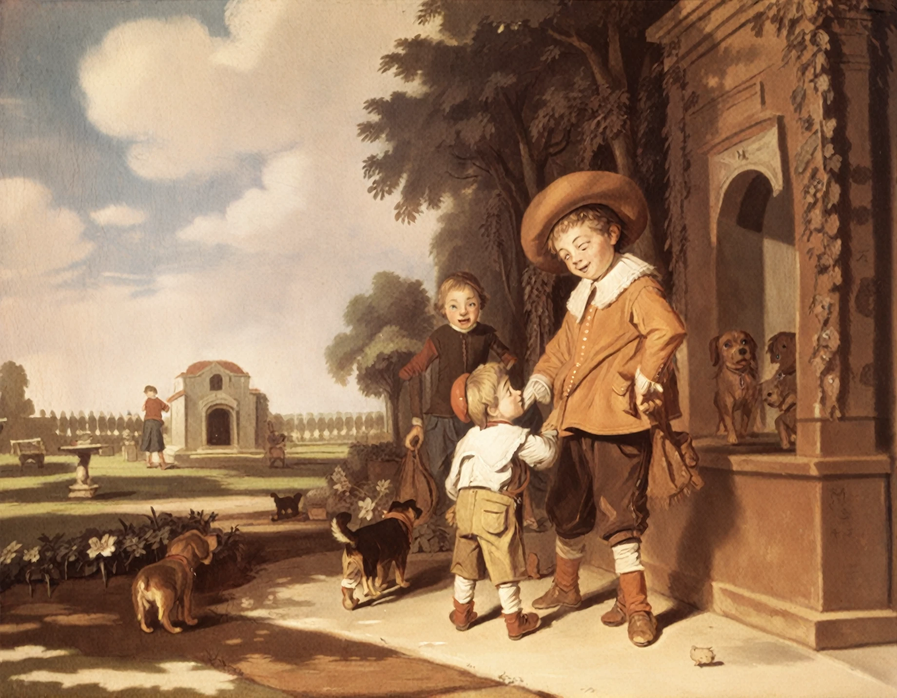 <lora:frans-hals_pony_v3:1> '  puppies ' by Hals Frans in 1633, portrait \(genre\), Baroque \(style\), young boys with dogs in a garden, score_9, score_6_up, score_7_up