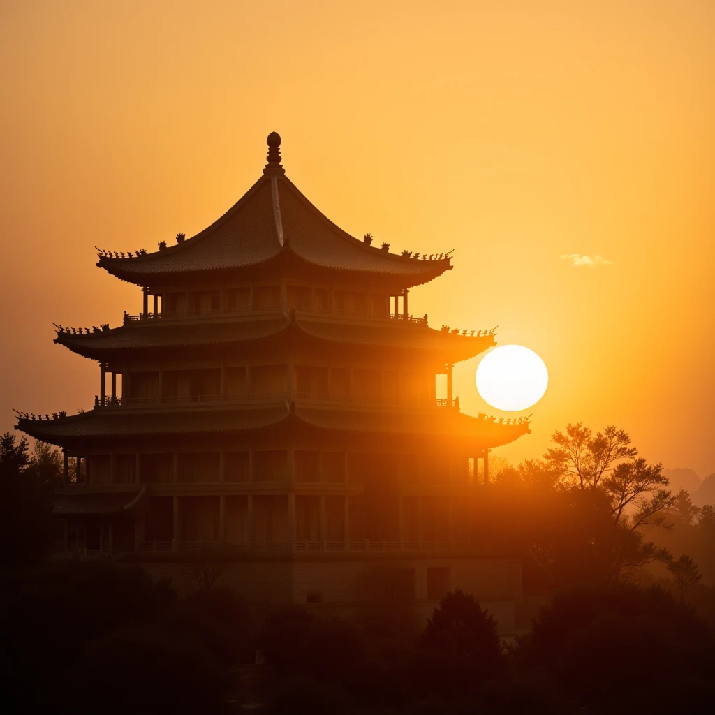 Huayan Temple, an embodiment of Chinese traditional culture and Shanxi's ancient architectural heritage, is captured in a serene scene bathed in the warm hues of the setting sun.
The temple, with its classic Chinese architectural features, stands majestically under the golden light of the sunset. Its tiered roof, ornate eaves, and carved details are accentuated by the soft glow of the declining day, highlighting the temple's historical significance and aesthetic charm.
The image captures the temple's silhouette against a backdrop of the setting sun, casting a warm, orange light that envelops the structure, creating a tranquil and contemplative atmosphere. This scene encapsulates the essence of the Huashan Temple as a spiritual and cultural landmark, with the sunset symbolizing the passage of time and the enduring beauty of China's architectural legacy.