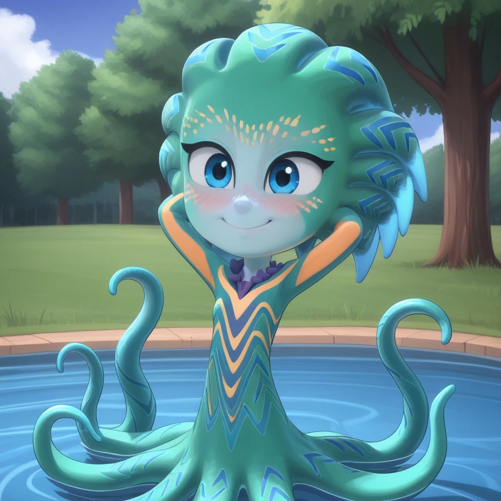 score_9, solo, cute, octobella, blue eyes, blue skin, tentacles, outdoors, smile, blush, hands behind head,