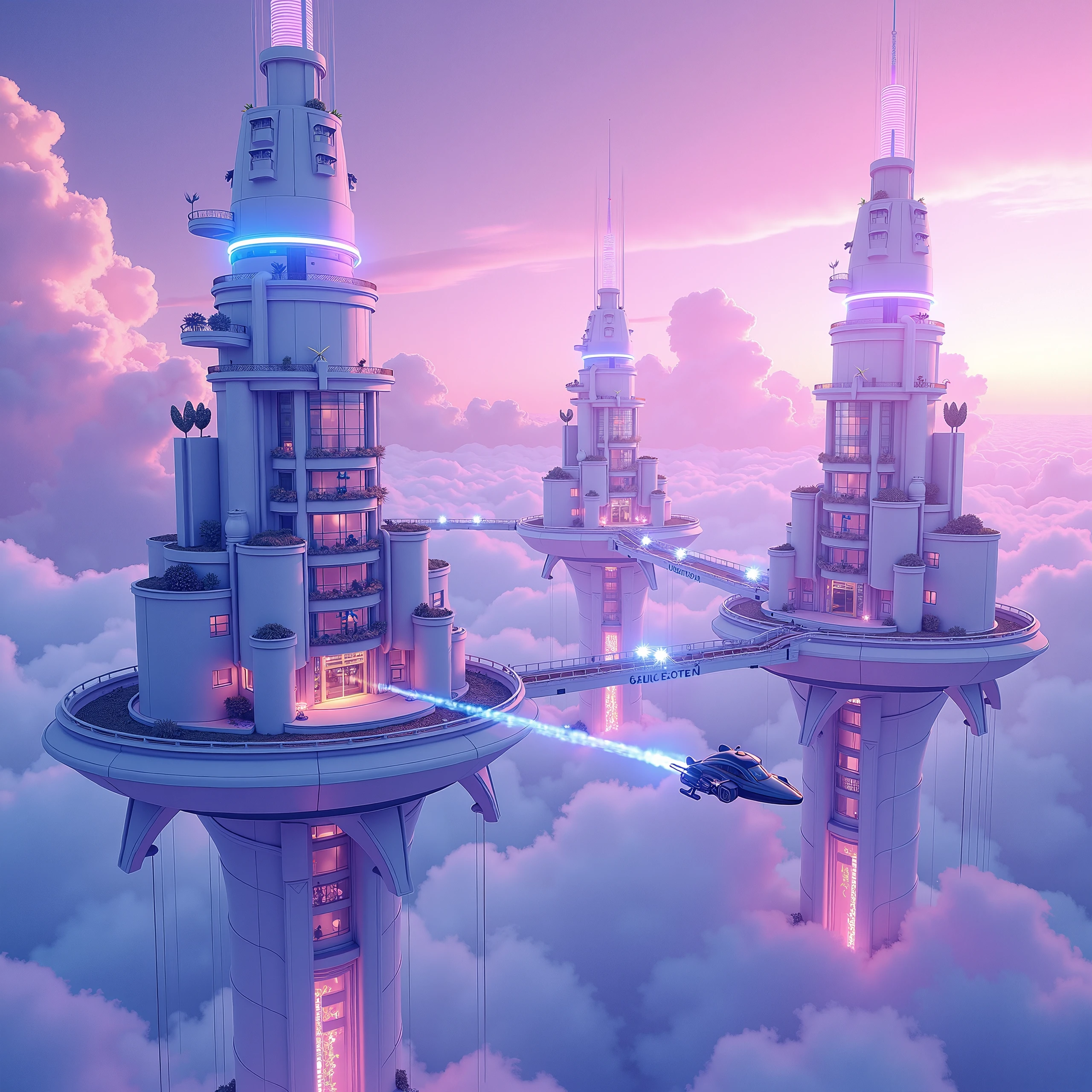 "In a vibrant kaleidoscope sky of purple, blue, and pink, floating futuristic buildings are clearly defined, with sleek, semi-transparent structures that have glowing edges and large windows. Each building is spaced out, floating on distinct platforms, emphasizing their separation and clarity. The buildings feature tall spires and terraces, with bioluminescent gardens gently illuminated. Translucent bridges of light connect some of the structures, but the overall scene is less crowded, allowing each building to stand out against the colorful sky. Hovercraft move quietly between the buildings, trailing pixelated stardust, while the background maintains its ethereal, cloud-filled atmosphere."