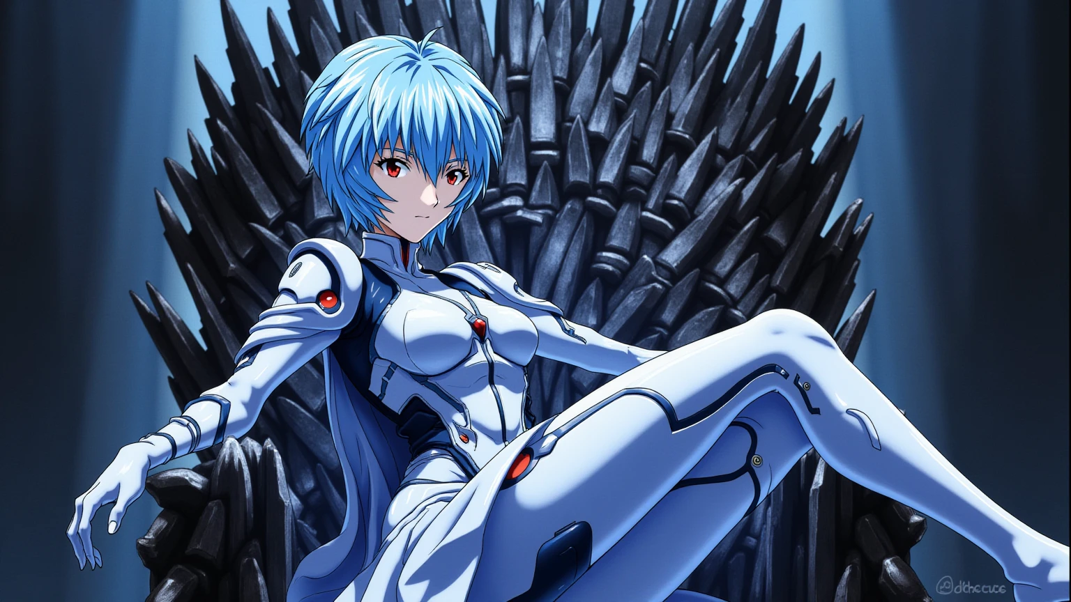 <lora:Ayanami Rei - Flux prototype_epoch_3:1>
ppayanamirei in white plugsuit.  She sits on the iron throne from game of thrones, one leg over another. She has light blue hair with interface headset.
anime,