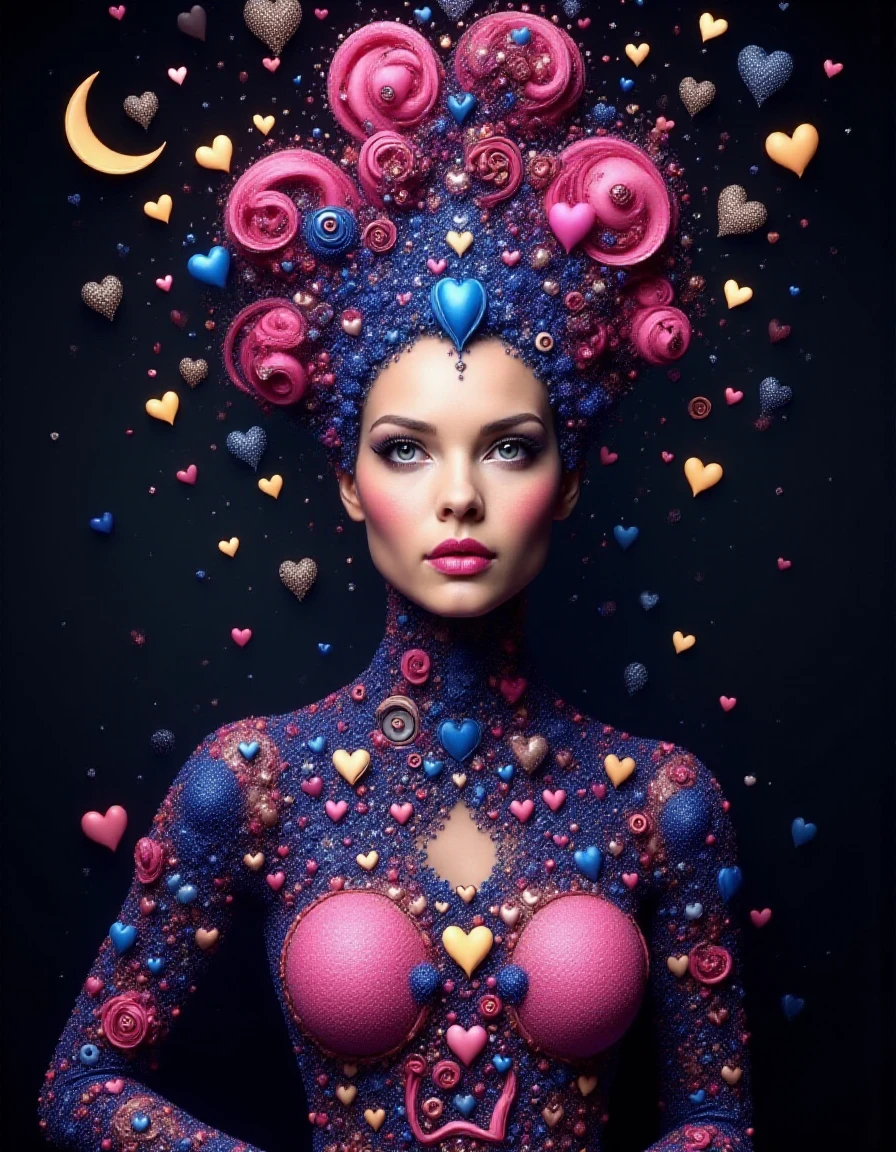 raw photo of an alien queen, celestial astro beauty, astrological calendar, galaxy, stars, crescent moon, relistic, intricate details, whimsical elements, exciting background   <lora:Vatoko_Hearts_V2:1> vatoko, made of hearts