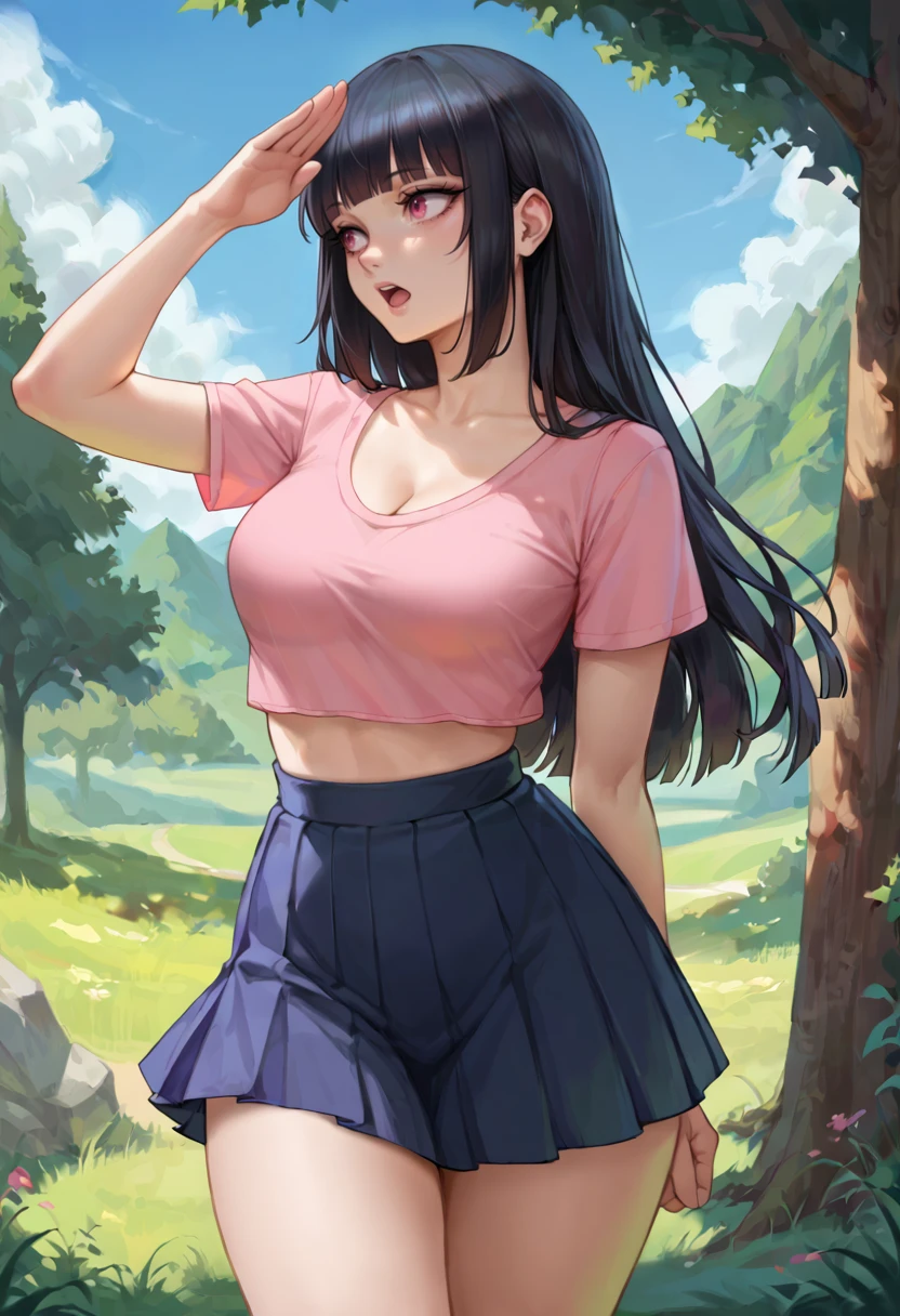 score_9, score_8_up, score_7_up, BREAK ict style,1girl,solo,cowboy shot, outdoors, grass, tree,blue sky,mountain, black hair, long hair, blunt bangs,pink eyes, pink t-shirt, crop top, black pleated skirt,cleavage,medium breasts,looking afar, looking to the side,shading eyes,salute,:o, open mouth, surprised,thighs, hand behind back,short sleeves, arm up,covering own eyes, (from side:0.6),