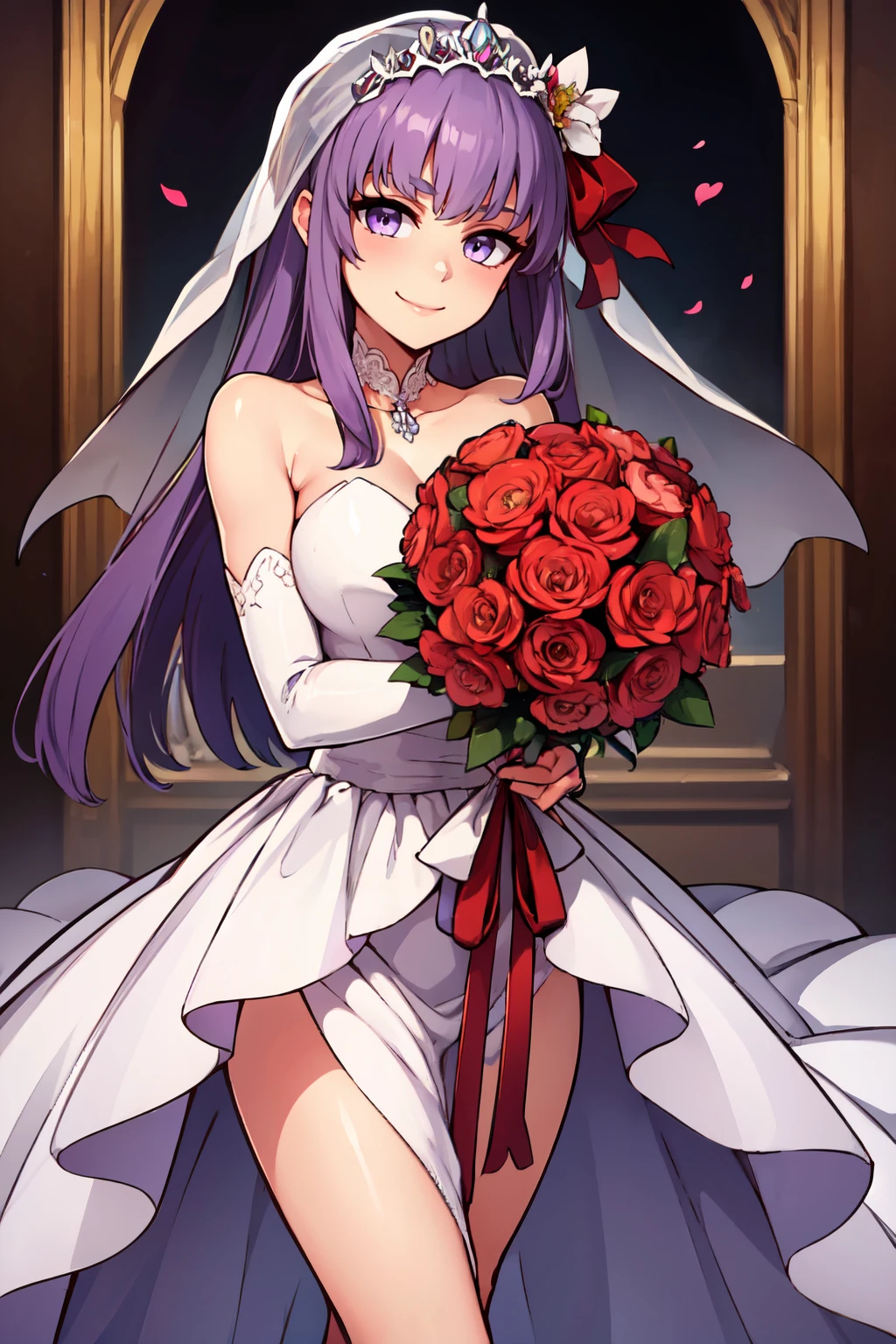 ((masterpiece,best quality)), absurdres,  BREAK, , <lora:Bb_Fgo:0.7>,  zzBB, long hair, purple hair, purple eyes, bangs, very long hair,  , BREAK, bride, wedding dress, bridal veil, strapless dress, elbow gloves, holding bouquet,, BREAK, solo, smile, looking at viewer, cowboy shot,