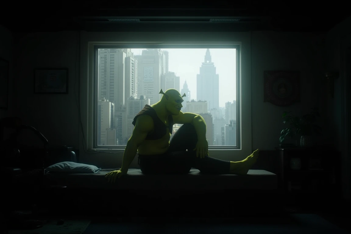 green shrek, sitting on a bed by the koukaku window, knee up, look out the wide window, dark room