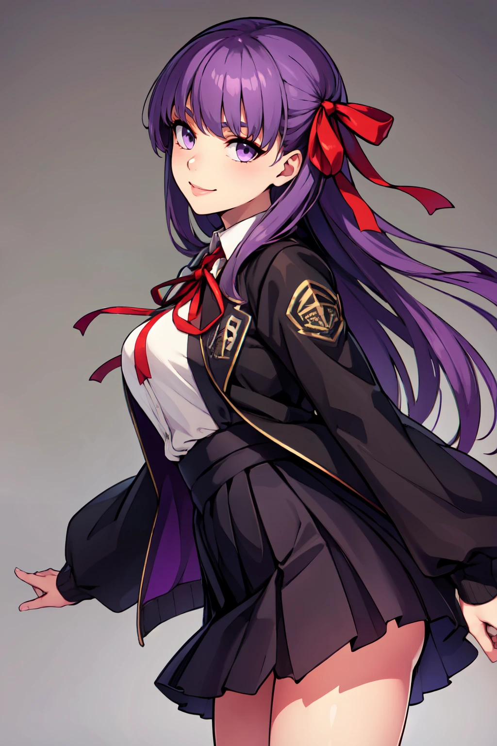 ((masterpiece,best quality)), absurdres,  BREAK, , <lora:Bb_Fgo:0.7>,  zzBB, long hair, purple hair, purple eyes, bangs, very long hair,   black jacket, black skirt, collared shirt, hair ribbon, high-waist skirt, jacket, long sleeves, neck ribbon, open clothes, open jacket, pleated skirt, red ribbon, ribbon, shirt, skirt, sleeves past wrists, white shirt, wide sleeves,, BREAK, side view, hip to the side, contrapposto,, BREAK, solo, smile, looking at viewer, cowboy shot,