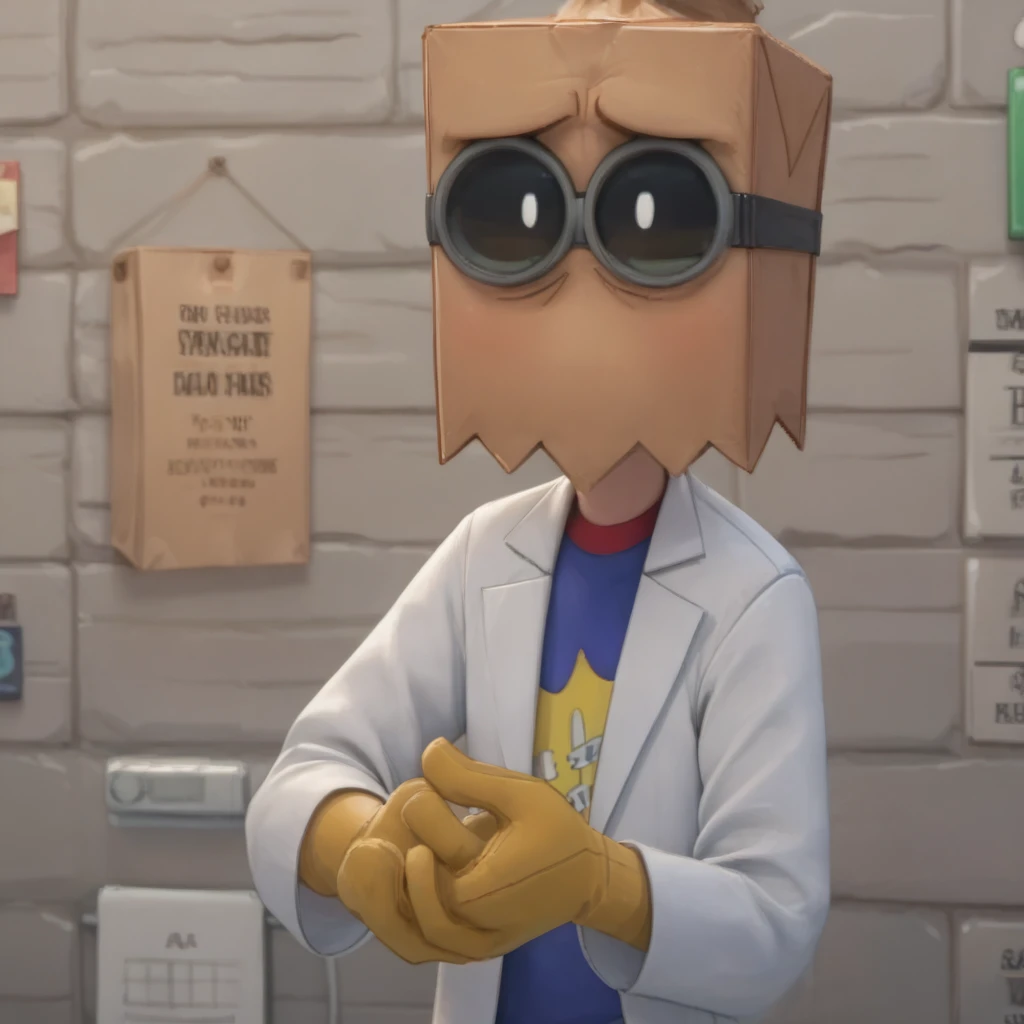 dr_flug,white pupils,goggles,paper bag on head,labcoat,blue shirt,yellow gloves, sole male