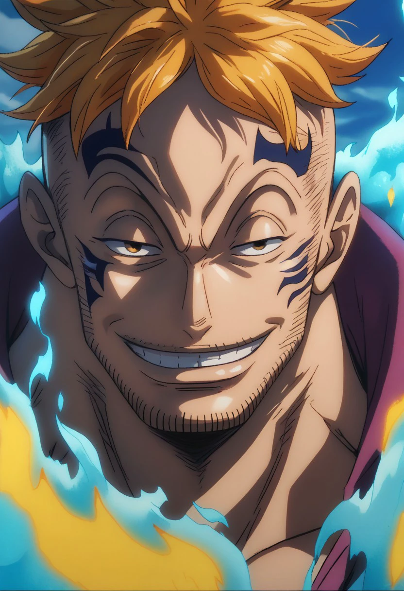 score_9, score_8_up, score_7_up, source_anime, rating_safe, blue-yellow_Marco_fire, MarcoOP, black_Marco_facial hair, blonde_Marco_hair,  black_Marco_eyes, 1boy, male focus, anime screencap, grin,