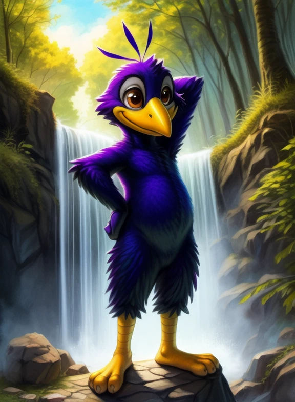 <lora:RudiRudTrudYif:0.8> RudiRudTrud, raven, bird, dark blue feathers, orange paws, dark brown eyes, beak, ( chibi, baby, nude, naced, )
[  (nature), forest, day, clouds, waterfall,  smile,]  (Hands on hips, standing, hand behind head,)
(beautiful, aesthetic, perfect, delicate, intricate, saturated colors), masterpiece, digital drawing, best quality,
[by kenket|by totesfleisch8], by thebigslick:by silverfox5213:0.8], [by syuro, by paloma-paloma::0.2, (Tricksta, TotesFleisch8)