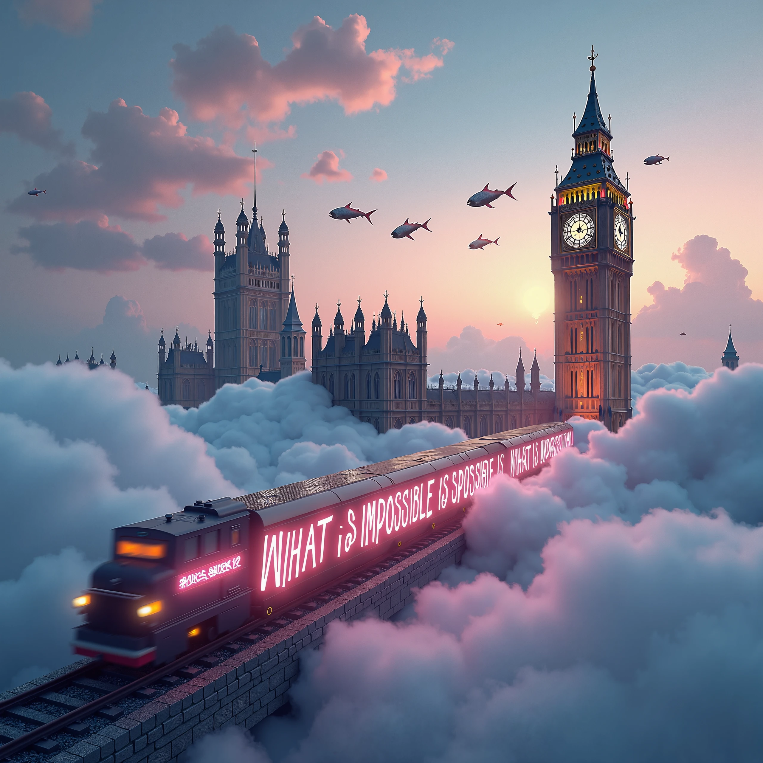 A surreal scene where the iconic House of Parliament and Big Ben float high above thick clouds, with sleek metallic fish swimming through the air around them. A Victorian-style train with modern touches passes through the clouds, and beside the train's path on the floor of the clouds, the bold, 3D text logo 'What is impossible is possible' is prominently placed in the location indicated. The text is integrated into the cloud surface, large and clearly visible, glowing with a gradient of colors, as if part of the landscape. The vibrant sky above features colorful clouds and faint stars, creating a dreamlike and ethereal atmosphere.