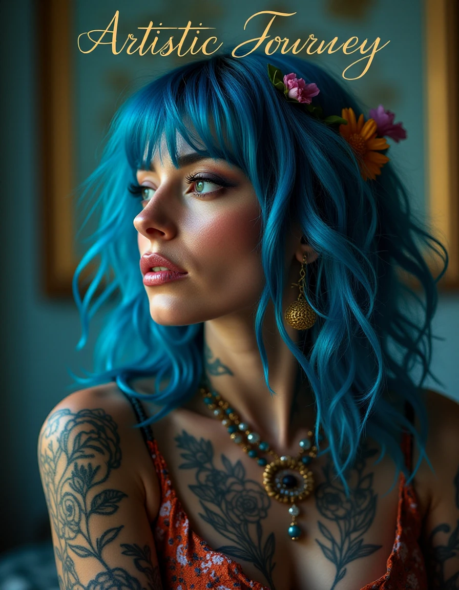 Text words that says "Artistic Journey" in elegant cursive across the top, a woman with vibrant blue hair cascading down her shoulders adorned with intricate body artwork gazing thoughtfully into the distance. A balanced perspective captures her individualistic storytelling, surrounded by rich colors and detailed visual narratives, highlighted by a moody bokeh background. Captured with a Hasselblad X1D II 50C, XCD 45mm f/3.5 lens, cinematic stills with film grain and exquisite details