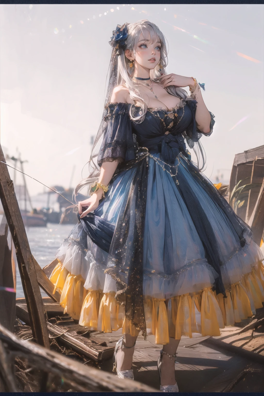 (masterpiece, best quality:1.2),illustration,8k,hd,huge filesize,lens flare,1 girl,very long hair,solo,cldqz,dress,blue dress,hair ornament,bracelet,jewelry,choker,bracelet,bow,necklace,(silver hair:1.1),huge breasts,(cleavage:1.2),bouncing breasts,day,extremely detailed dress,sky,crystalstexture skin,areola,nipples,off shoulder,<lora:killerè¸é¨å¤§å°è°èå¨v2-02:0.65>,