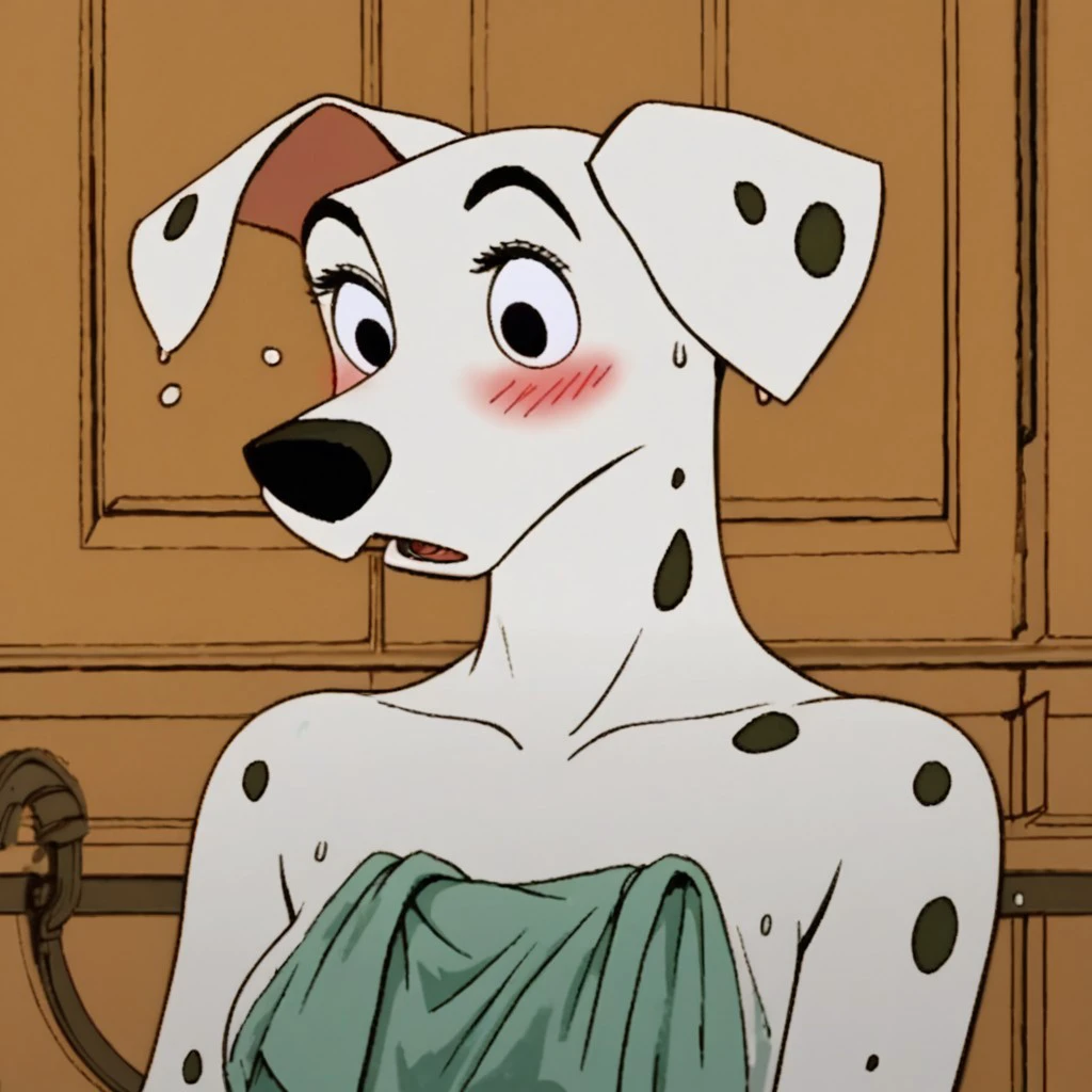 score_9, score_8_up, score_7_up,  j_cartoon, Disney, highly detailed, ((detailed shaders)), BREAK, perdita, ((Dalmatian)), black eyes, anthropomorphic dog, eyes open, eyes wide open, surprised expression, blushing, curvy body, wet, towel around her torso, towel on her head,