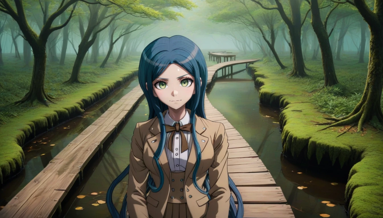 <lora:Tsumugi_Shirogane_SDXL:1>,  4n1v3rs3, zPDXL2, (young woman),   This anime screencap is from Danganronpa the Animation.  Tsumugi Shirogane is wearing a light brown plaid jacket over a dark brown coat in the manner of a 19th century detective. She has her long blue hair parted in the middle,  and the ends are flowing around her. She's wearing a large tan bow on her collar. She's holding a small, black,  pipe.  Tsumugi is star jump. Tsumugi is grateful expression . Tsumugi Shirogane stands amid A serene forest boardwalk extends across a shallow, murky stream. The wooden path has white planks and blue-green posts, curving slightly to the right. In the foreground, a massive tree trunk dominates the right side, its bark gray and textured, covered in vibrant green moss. Behind it, leafless branches create an intricate network against a misty background, suggesting early spring or late winter. The surrounding trees are bare, their slender branches forming a delicate, pale lattice effect. Soft, diffused light filters through the canopy, casting a ethereal glow on the scene. The water beneath the boardwalk is still and reflective, with hints of submerged vegetation. The forest floor is covered in dormant grass and fallen leaves, adding earthy tones to the composition. The overall atmosphere is tranquil and slightly damp, with a sense of awakening nature.