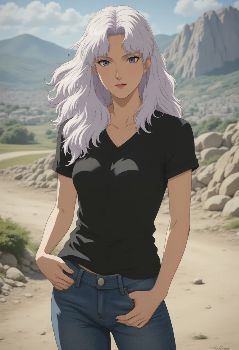 Ifurita, a realistic photo of Ifurita with long white hair wearing a t-shirt and jeans posing for the camera durring the day. depth of focus, perfect body, clothes focus, detailed cloth, fit