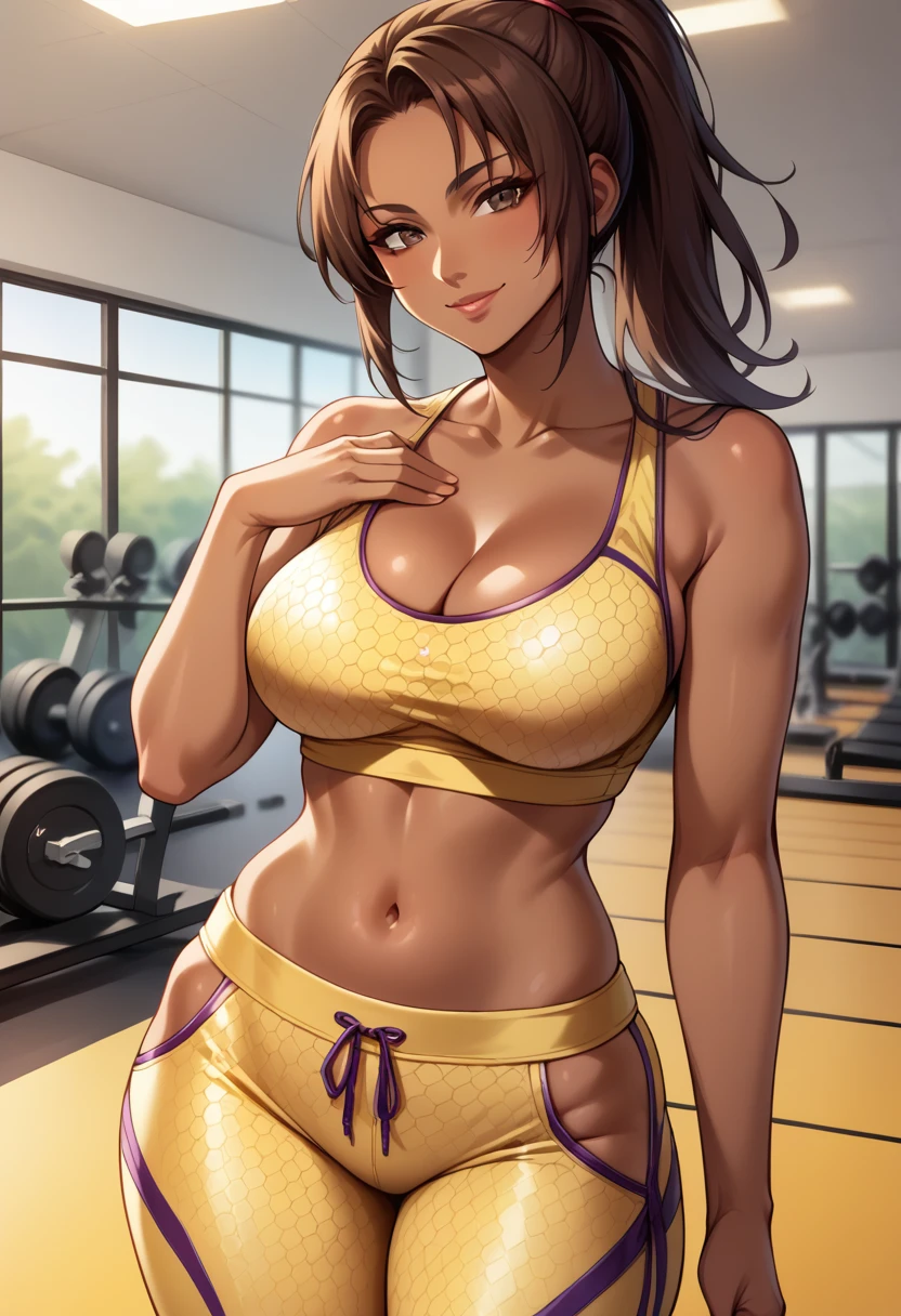 score_9, score_8_up, score_7_up,  source_anime,  BREAK,  <lora:TekkenChirstieMonteiro-000008:0.9>,  TekkenChris, ponytail, dark-skinned female, brown eyes, seductive smile, hand on own chest, gym, yellow sports bra, cleavage, breasts, midriff, yellow yoga pants, 1 girl, solo,