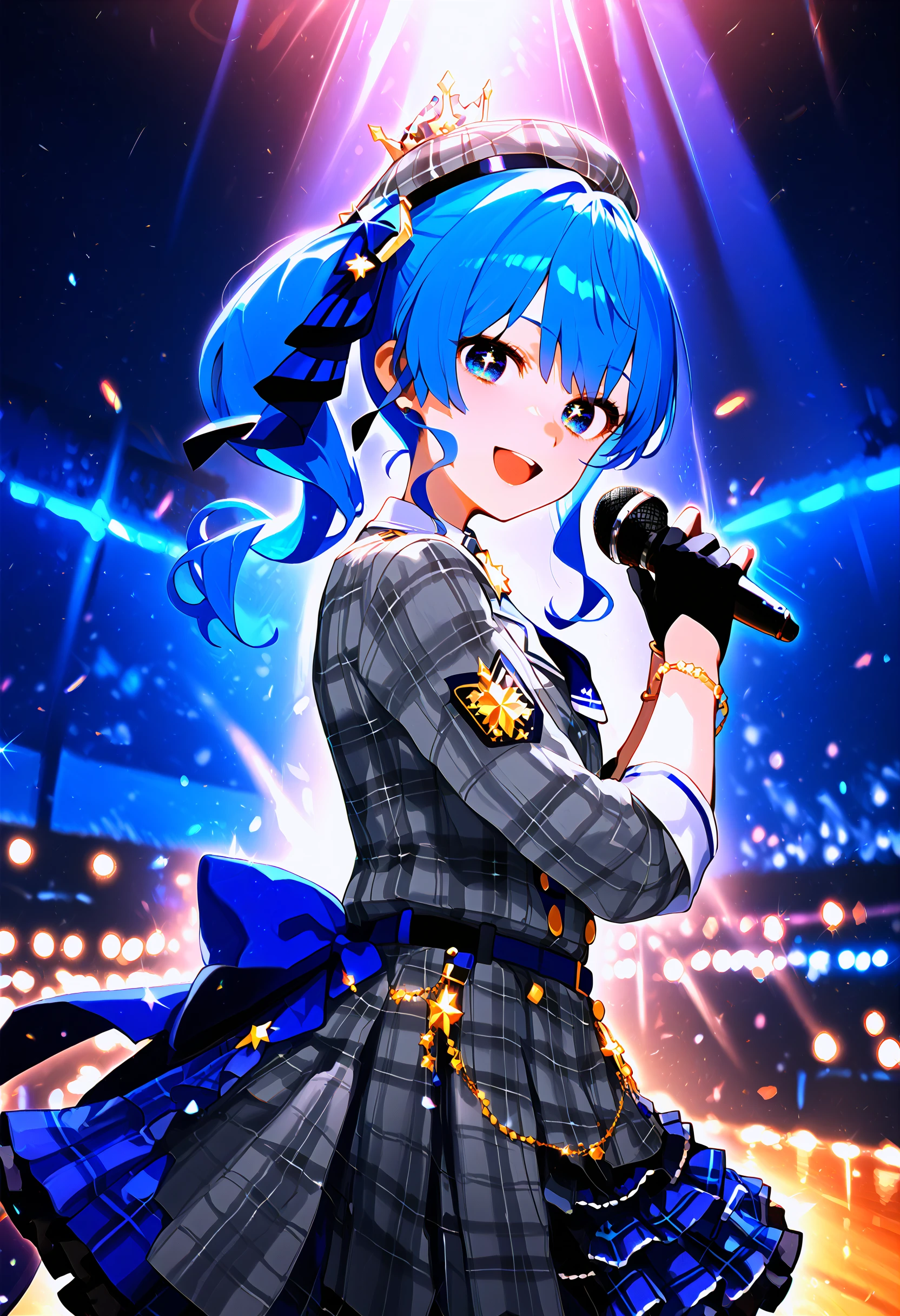 hoshimachi suisei, hoshimachi suisei \(1st costume\), 1girl, virtual youtuber, blue hair, blue eyes, plaid headwear, black gloves, beret, partially fingerless gloves, grey headwear, star \(symbol\), side ponytail, plaid jacket, blue skirt, grey jacket, medium hair, sidelocks, plaid skirt, 
cowboy shot, looking at viewer, solo, colorful, light beam, symbol-shaped pupils, + +, dark, blue theme, split theme, spot color, indoors, stage lights,
smile, open mouth, from side, microphone,
score_9, score_8_up, score_7_up, score_6_up, source_anime, masterpiece, best quality, very aesthetic
<lora:eye_focus_lora_v1:1>
<lora:hololive_allmems_dora_v1:1>