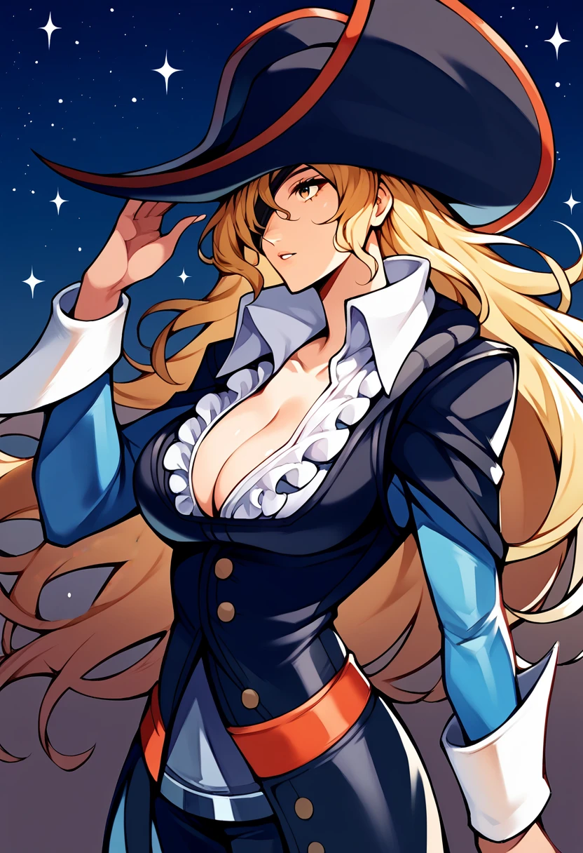 score_9, score_8_up, score_7_up,  source_anime,  BREAK,  ,  <lora:RubyMVC2:0.9>,  RubyMVC2, long hair, blonde hair, pirate hat, eyepatch, coat, cleavage, frilled shirt collar, wrist cuffs, puffy pants, large breasts, parted lips, from side, looking up, cowboy shot, hand on headwear, night, sea stars, 1 girl, solo,