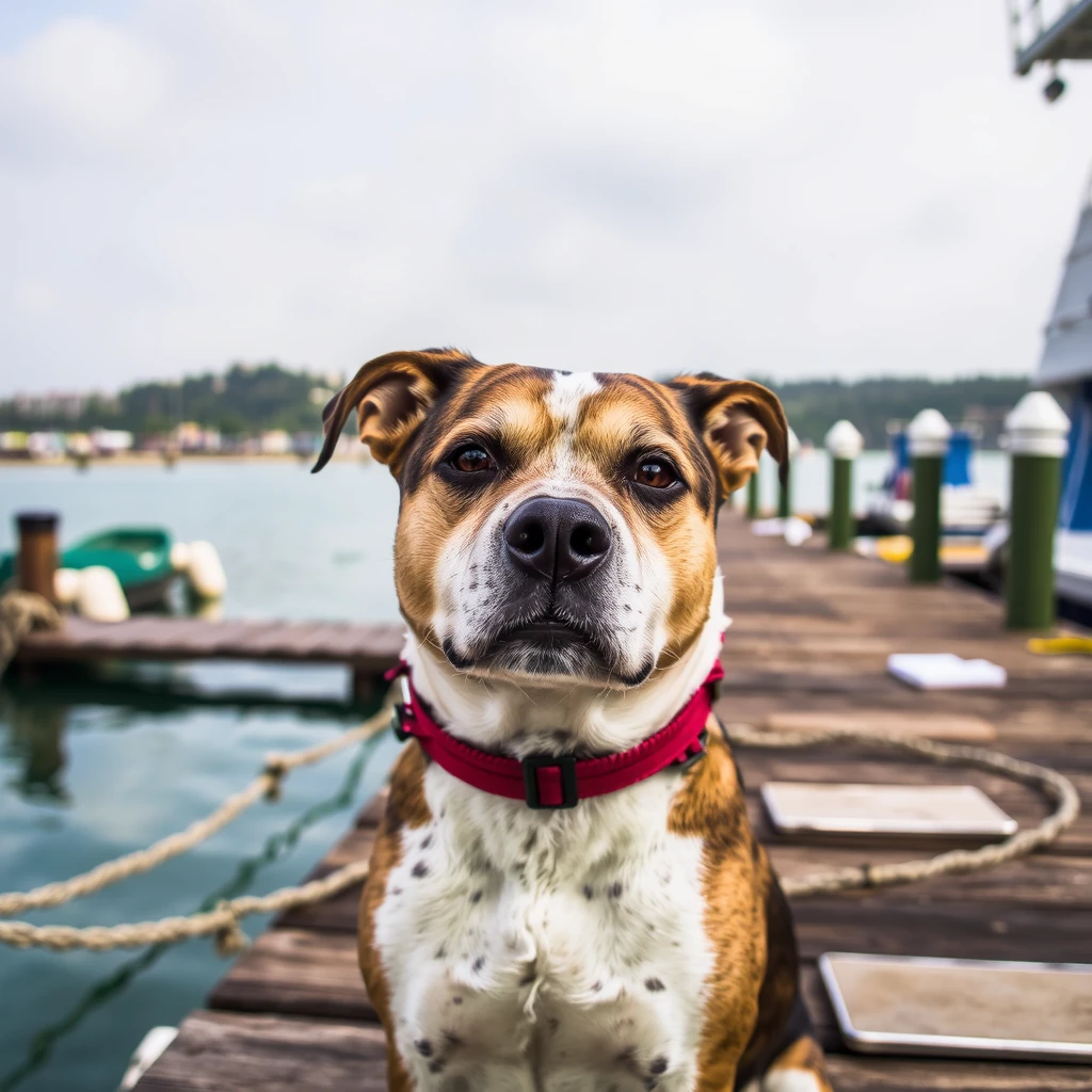 high key, over exposure, a portrait of dog at the port in a dock, coastal view