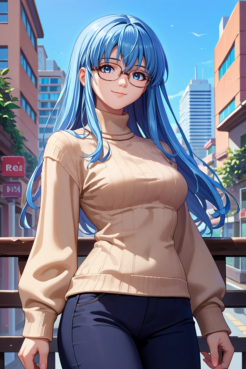 score_9, score_8_up, score_7_up, score_6_up, source_anime, 1girl, solo,  <lora:ysreah-pdxl-nvwls-v1-000005:1> reah, blue hair, long hair, blue eyes, beige sweater, turtleneck, black pants, glasses, looking at you, smile, city, blue sky, breasts