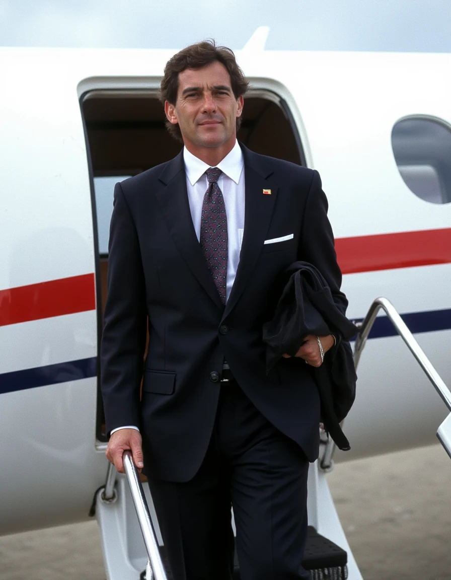 a Photo of Ayrton Senna,wearing a black suit,standing on the entrance of a business jet,at an airfield,1990, <lora:ayrton_senna:1>