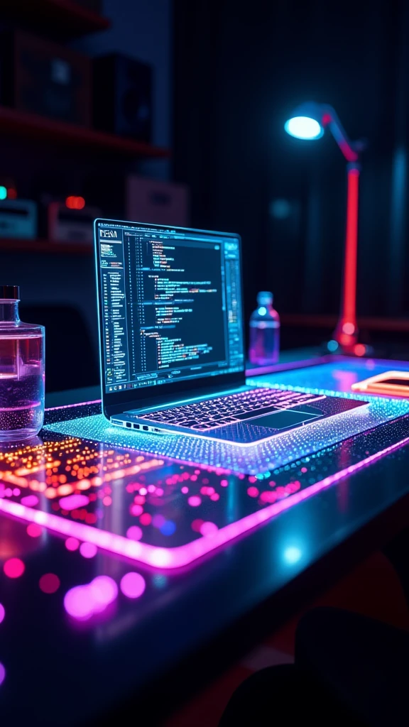 Dot Mat Hologram,a glowing desk in the dark,ethereal and dreamlike subjects,rich and nuanced color palettes,(emotional depth),elegant compositions,dopamine color,glowing lights,light navy and orange,flickr,light cyan and pink,electric color,