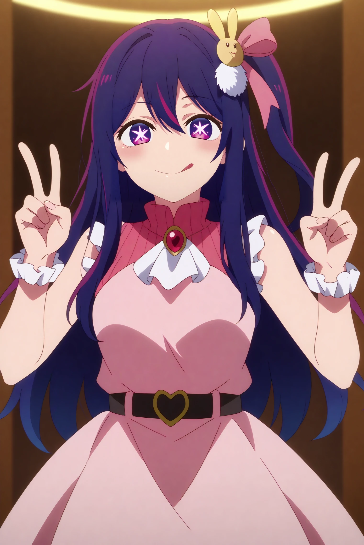 ai hoshino,1girl,solo,hair ornament,star (symbol),long hair,looking at viewer,multicolored hair,bangs,rabbit hair ornament, gloves, tongue, star \(symbol\), star-shaped pupils, tongue out, long hair, symbol-shaped pupils, hair ornament, idol clothes, pink dress,pink gloves, double v, jewelry, heart,black belt, turtleneck dress, frills, sidelocks, belt, heart brooch, frilled dress, ribbon, brooch,,hair between eyes,frilled gloves, smile, sleeveless, pink ribbon, earrings,indoors