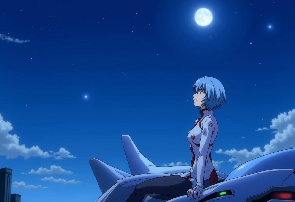 A detailed solo portrait of ppayanamirei. She has pale blue hair.
 in white plug suit, sits under the starry sky and a full moon, on the shoulder of mecha EVA-0. She is looking at the distance, looking quite preoccupied. Side profile, highly detailed.
anime still, highly detailed. No flat color, no hand drawn, no fan art.
 <lora:Ayanami Rei - Flux prototype_epoch_3:1>, anime.