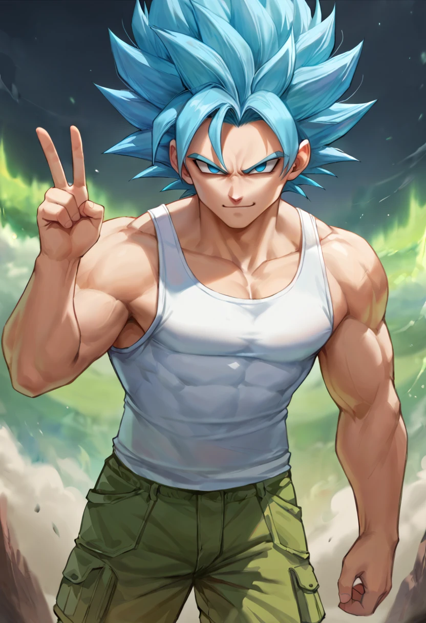 score_9, score_8_up, score_7_up, BREAK ict style, 1boy,super saiyan blue, muscular male, spiked hair, blue hair, blue eyes, tank top, cargo shorts, cowboy shot,peace sign, no pupils, smirk