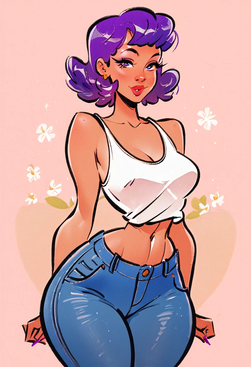 score_9, score_8_up, score_7_up, score_6_up, <lora:Anutka_JPG_Style_PDXL:0.8> anutkajpgxl, pin-up, 1girl, wide hips, in the park, jeans tank top, purple hair, short hair, looking at viewer, wide hips,