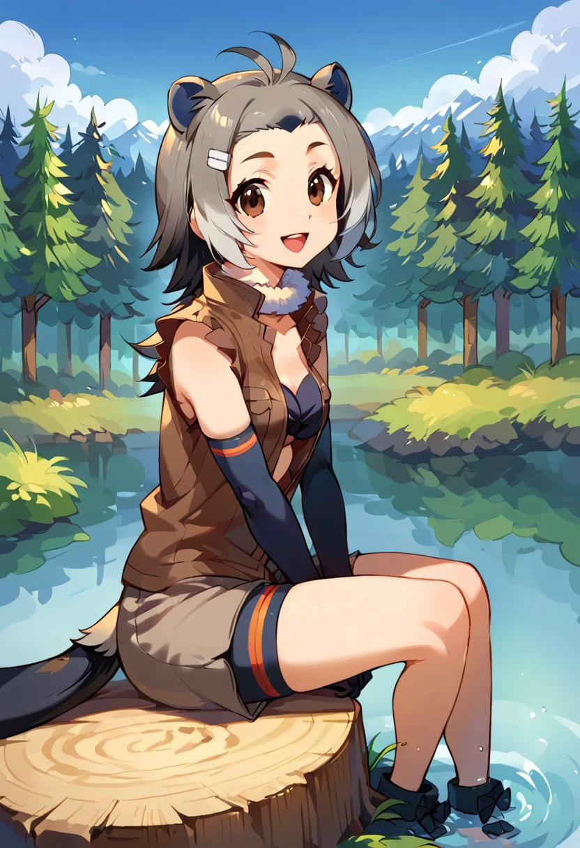 1girl, ((solo)), best quality, ultra-detailed, extremely detailed, perfect anatomy, masterpiece, score_9, score_8_up, score_7_up, american beaver (kemono friends), animal ears, brown eyes, tail, grey hair, antenna hair, multicolored hair, short hair, hairclip, elbow gloves, black gloves, brown jacket, open jacket, sleeveless, fur collar, shorts, bikini top, shoes, outdoors, lake in a forest clearing background, blue skies, sun shining in, lake, forest clearing, blue skies, sunny day, sitting on a tree stump, clearing, pristine water, feet in water, sitting, open mouth smile, happy, looking at viewer, arms at sides,