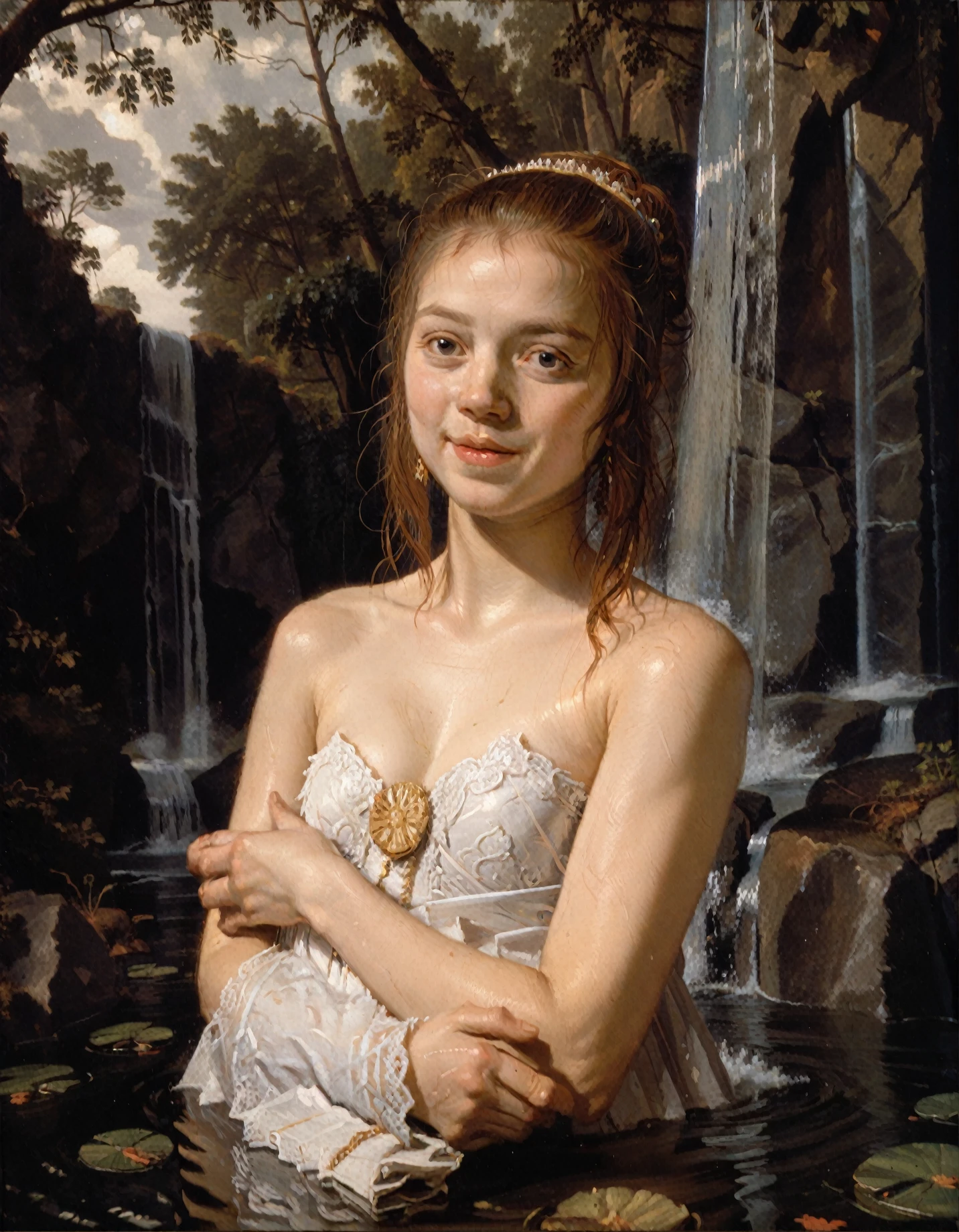 <lora:frans-hals_pony_v3:1>  'Portrait of a young woman' by Hals Frans in 1660,portrait \(genre\), Baroque \(style\), female-portraits, Lady,"Artistic Nude by Waterfall: Embrace the beauty of nature by posing near a waterfall, with the model surrounded by the cascading water" questionable, score_9, score_6_up, score_7_up