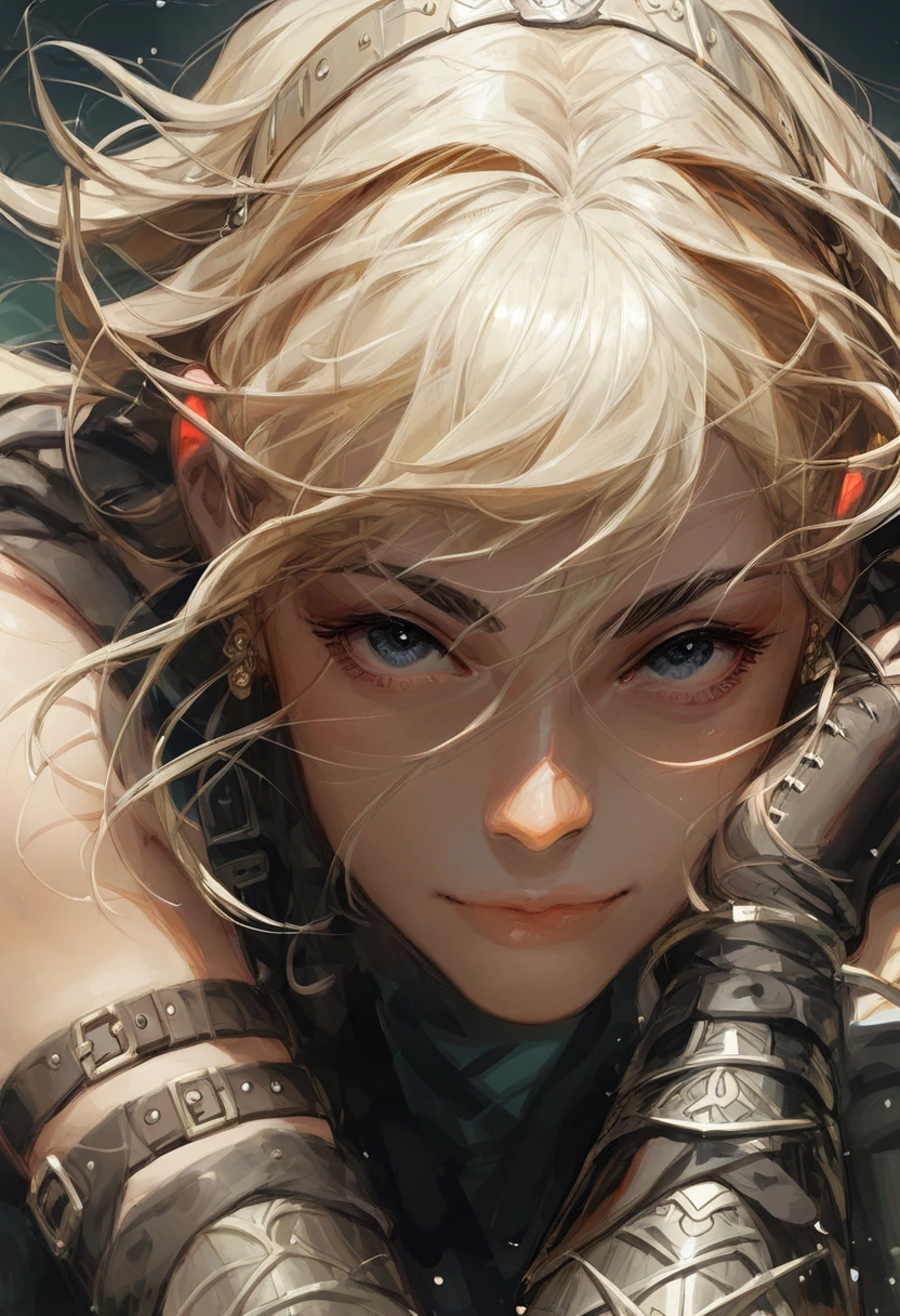 Total focus on a blonde woman + mohawk hair + blood background + blood red water + bleeding feathers + gold and silver + full body close-up showing, pose, cinematics, beautiful face detailed, exquisite details, 8k UHD, final brushing, master brushwork, trend in artstation, master drawing, masterpiece