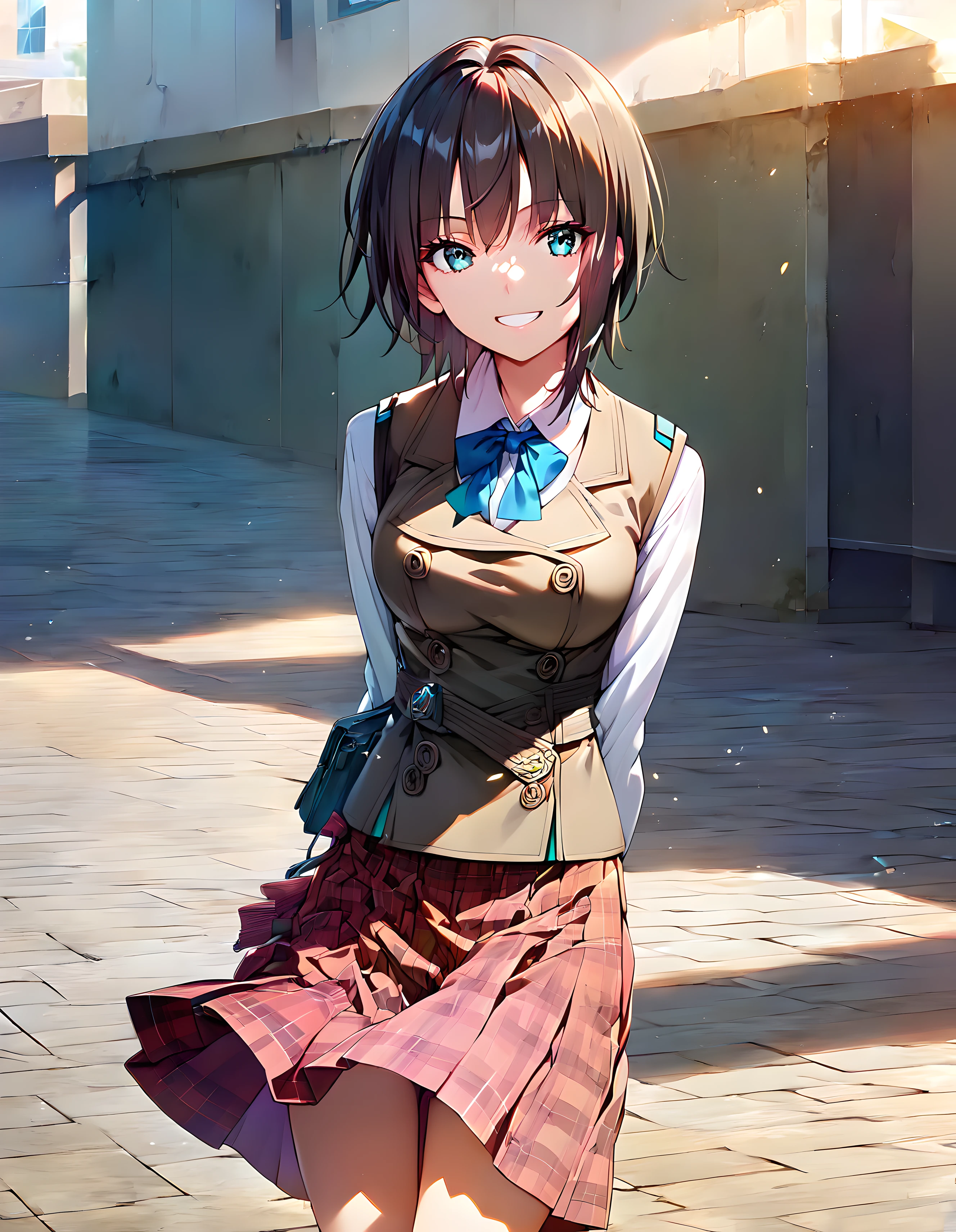 <lora:pony_xl_aoi:0.9>,aoi,score_9,score_8_up,score_7_up,source_anime,best quality,masterpiece,super fine illustration,1girl,solo,school uniform,vest,white collared shirt,long sleeves,blue bowtie,red skirt,plaid skirt,blue knee high socks,outdoor,standing,cowboy_shot,smile,kind_smile,arms_behind_back,