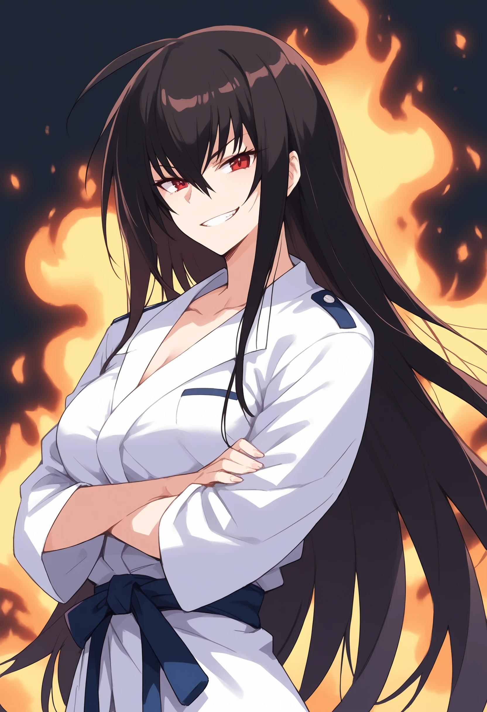 Upper body, score_9, score_8_up, score_7_up, score_6_up,  source_anime, 18 year old, 1girl, KawaMomo, Kawakami, standing up, crossed arms, breasts, dark hair, long hair, red eyes BREAK wearing karate uniform, black belt, hair between eyes, collarbone, fiery power aura, smug, confident, smirking, BREAK <lora:Perfect Hands:1>, Perfect Hands, <lora:Momo_Kawa_V1:1>,  <lora:dragon_ball_super_pony:0.6>