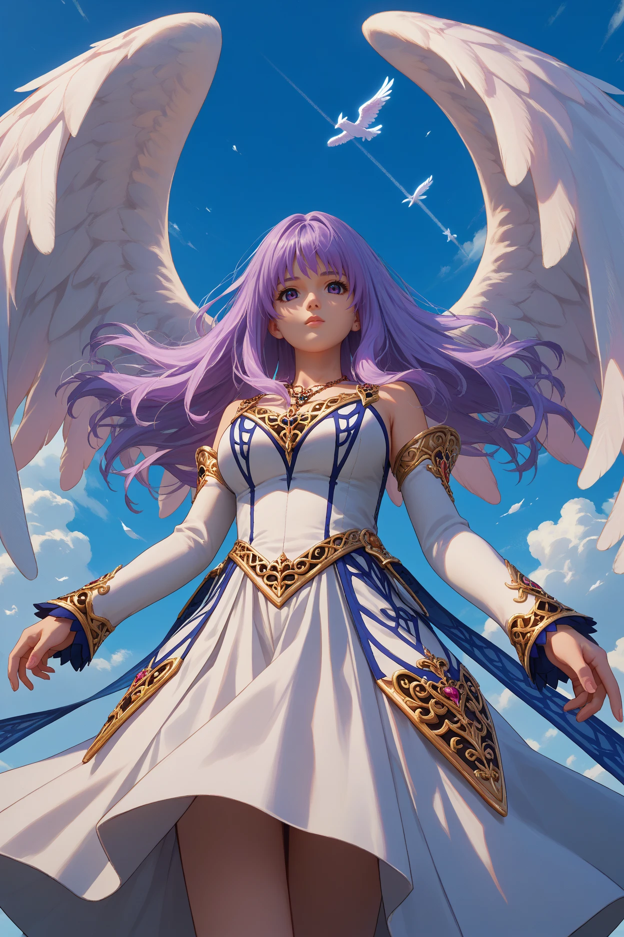 score_9, score_8_up, score_7_up, score_6_up, source_anime, 1girl, solo,  <lora:ysreah-pdxl-nvwls-v1-000005:1> angelReah, lavender hair, long hair, purple eyes, angel wings, white dress, detached sleeves, necklace, big breasts, floating, midair, clouds, blue sky, looking at you, from below