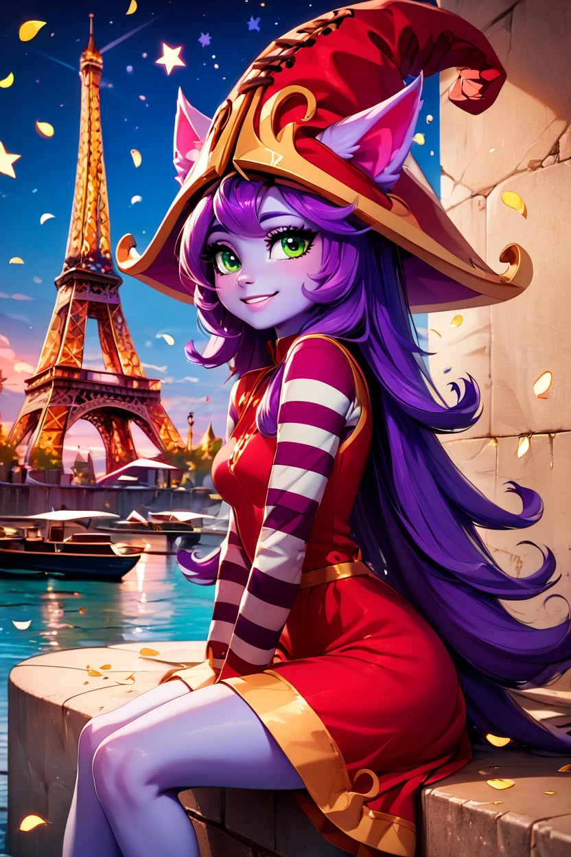 score_9, score_8_up, score_8, medium breasts, (curvy), cute, eyelashes,       BREAK, ,  <lora:LuluLeagueoflegendsPDXL:0.8>, zzLulu, long hair, bangs, animal ears, green eyes, purple hair, colored skin, purple skin, long sleeves, hat, dress, red dress, red headwear, ears through headwear, striped sleeves, yordle,, BREAK,  zzEiffelTower in background, sitting, watercraft, boat, sitting on wall, side view, looking at viewer, smile,  BREAK, blooming stars, luminescent petals, otherworldly fragrance blurry background, embedding:zPDXL, Expressiveh, <lora:EiffelTowerPDXL:0.8>,  <lora:CatalystStylePDXL:0.6>,  <lora:SDXLFaeTastic2400:0.5>,  <lora:Expressive_H-000001:0.4>,