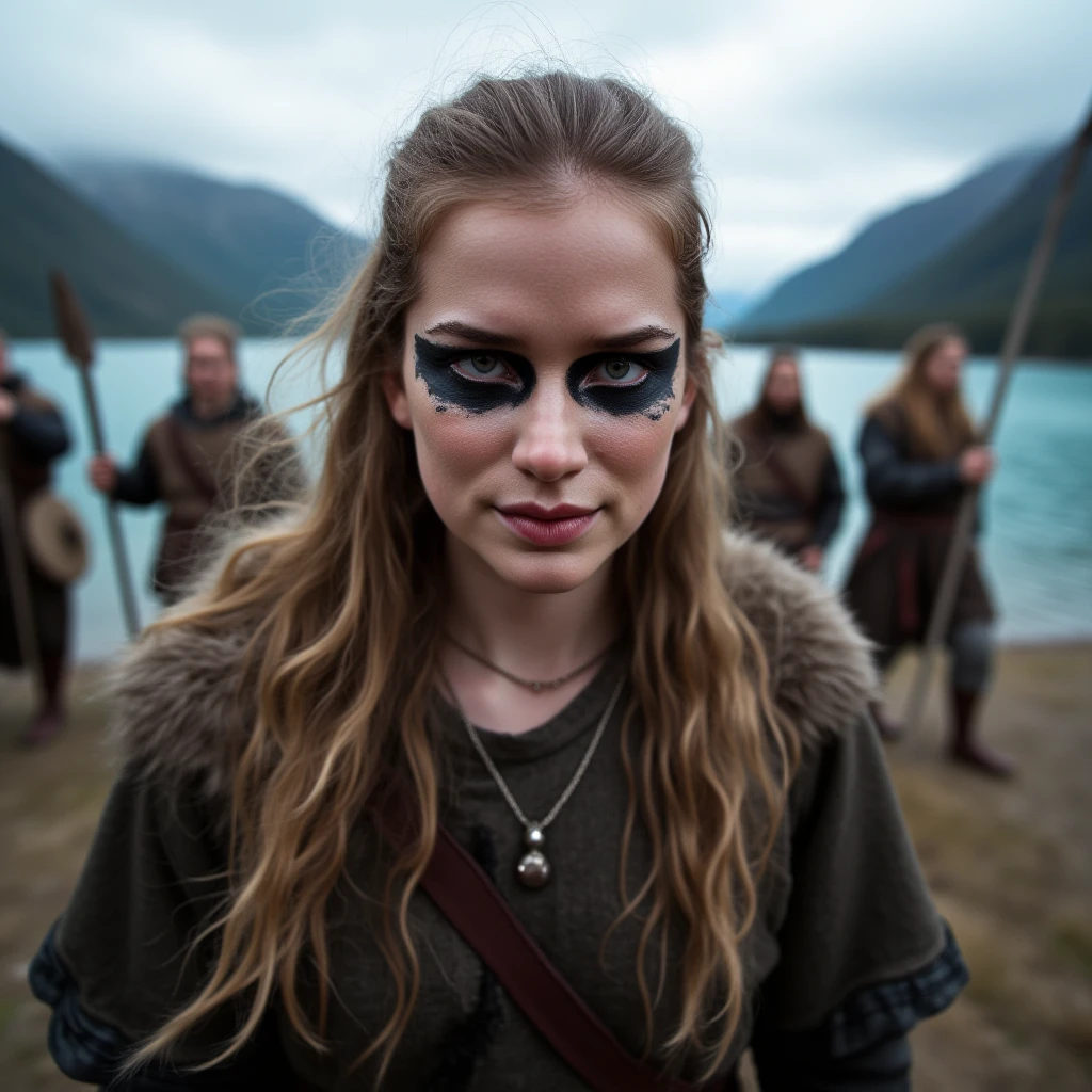 Instagram selfie of a nordic viking warrior princess with black warpaint under her eyes. There is a beautiful norwegian fjord in the background and other viking troops walking past her. She looks fierce and beautiful yet calm. ,<lora:elilail_flux_1_standard_v2-000019:1>