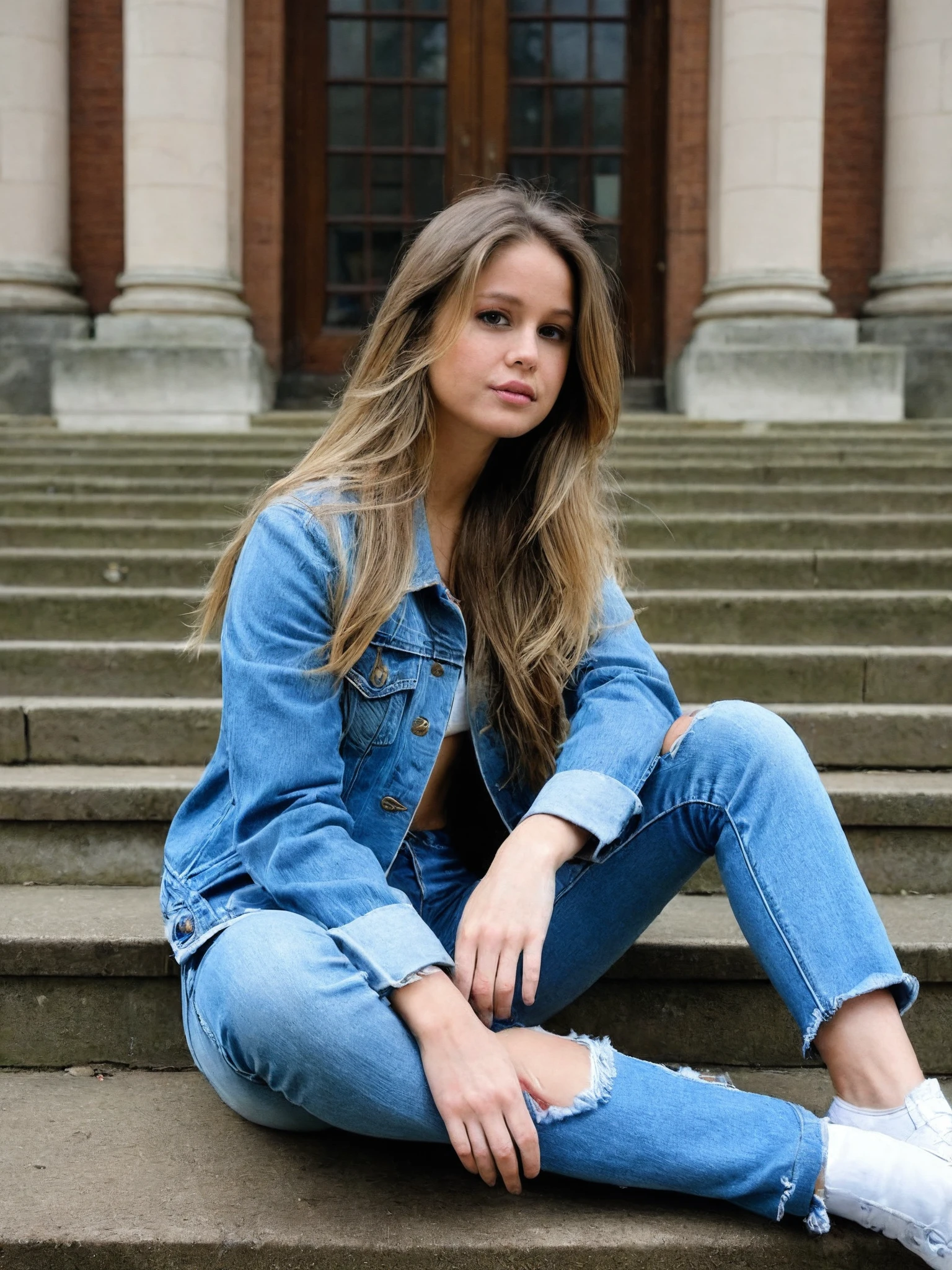 woman, astonrichardsxl, long hair, Sitting on the steps of an old library wearing a denim jacket, <lora:astonrichardsxl:1>